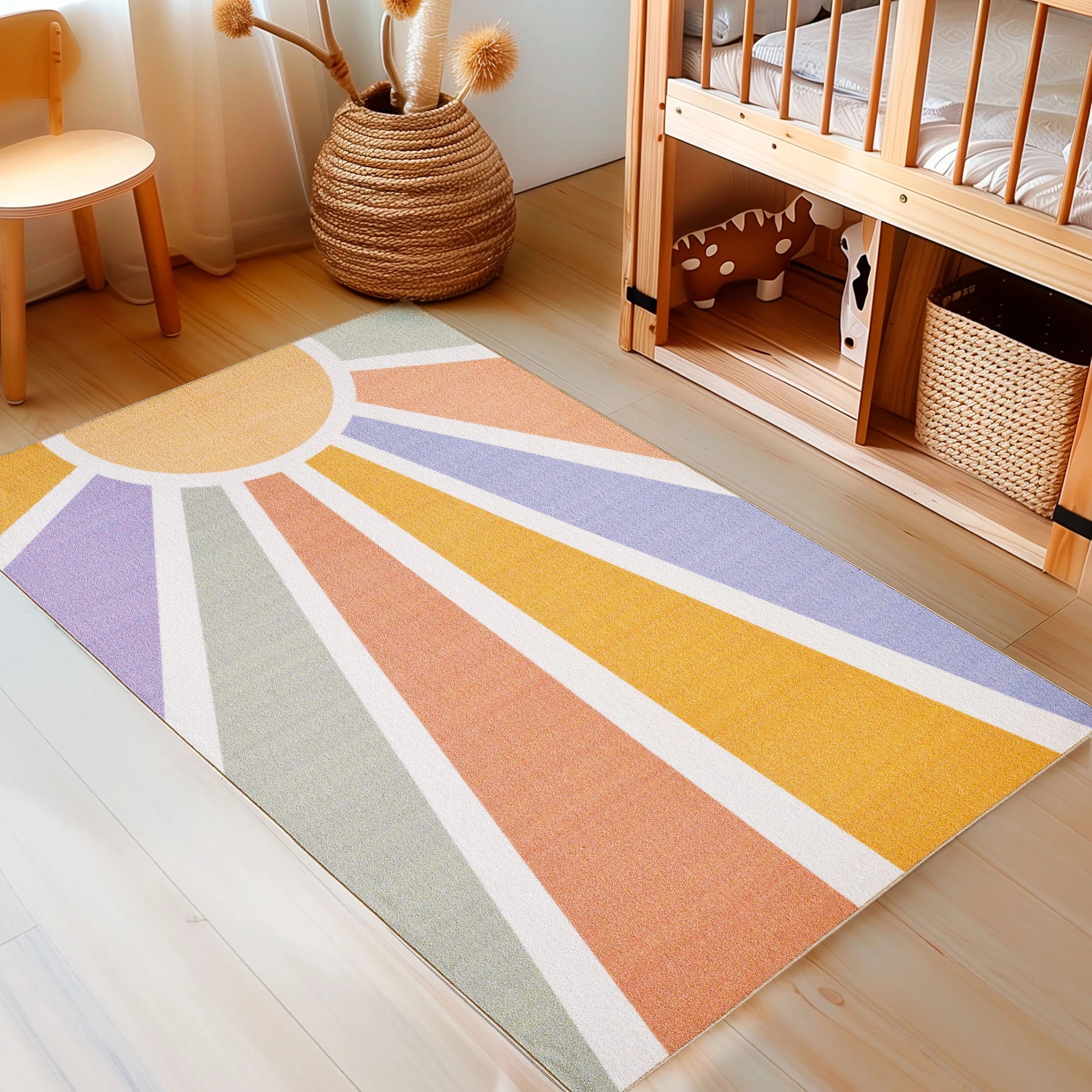 Retro Sun Ray Stripe Pattern Kids Room Rug | Multi