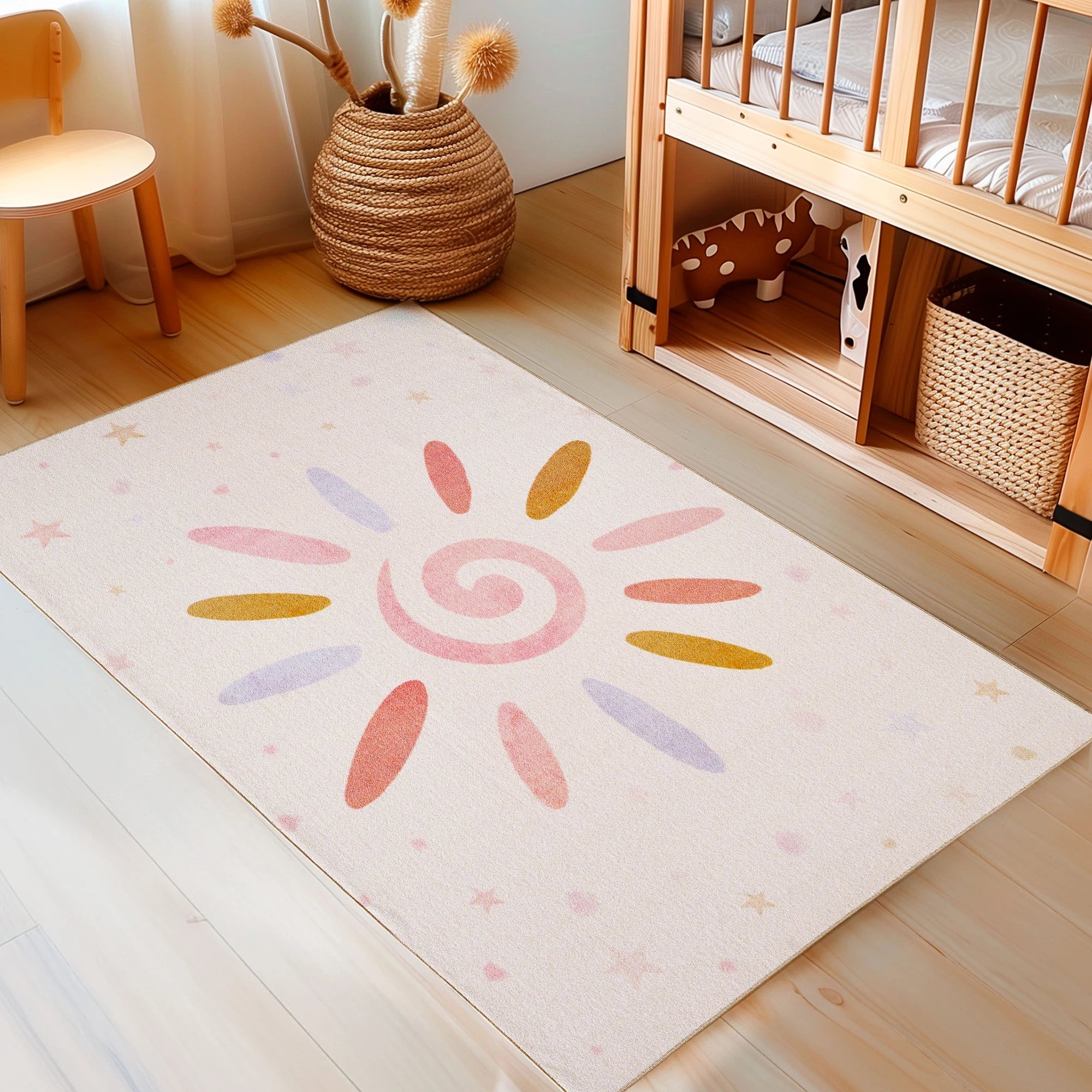 Cute Spiral Sun Starry Nursery Kids Room Rug | Cream