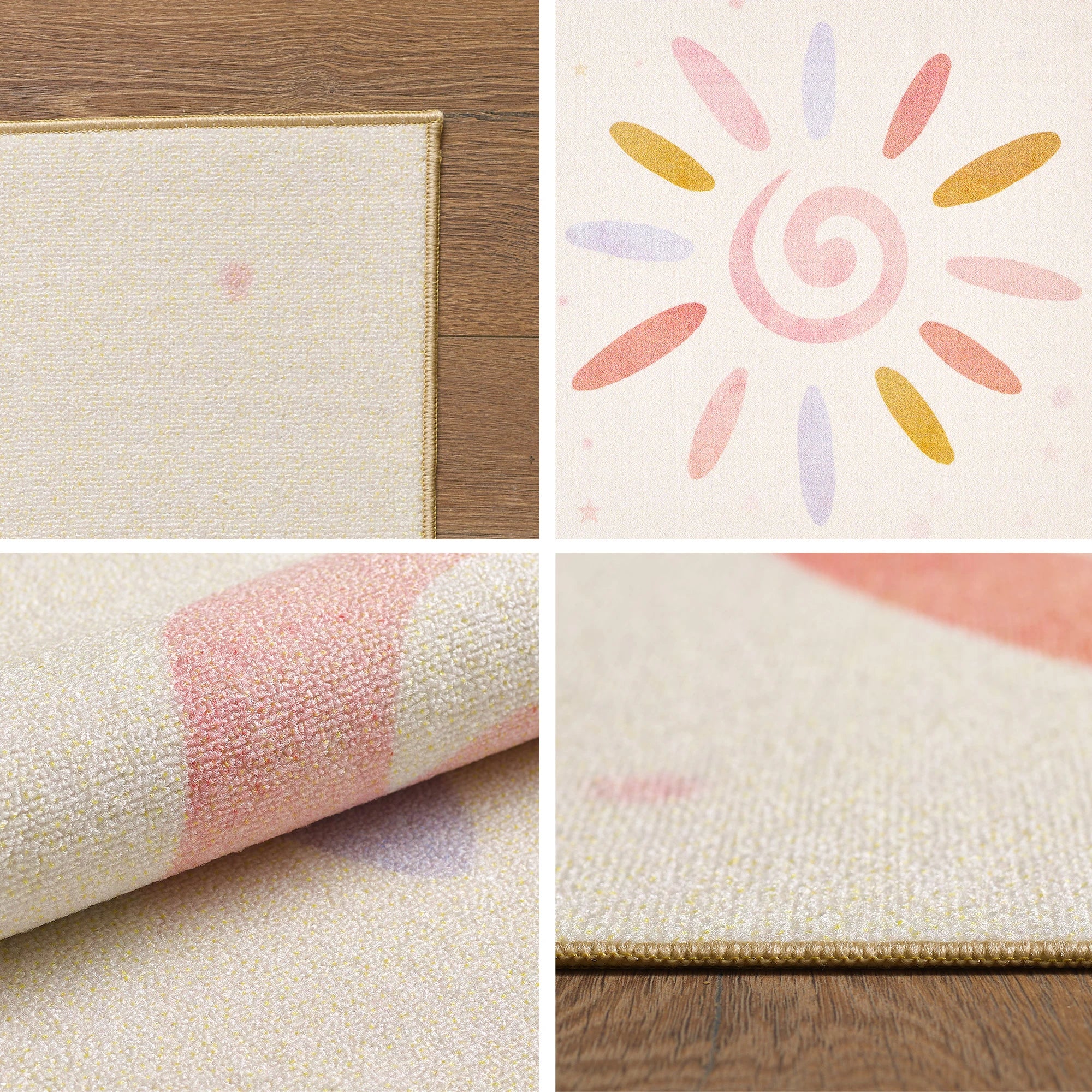 Cute Spiral Sun Starry Nursery Kids Room Rug | Cream