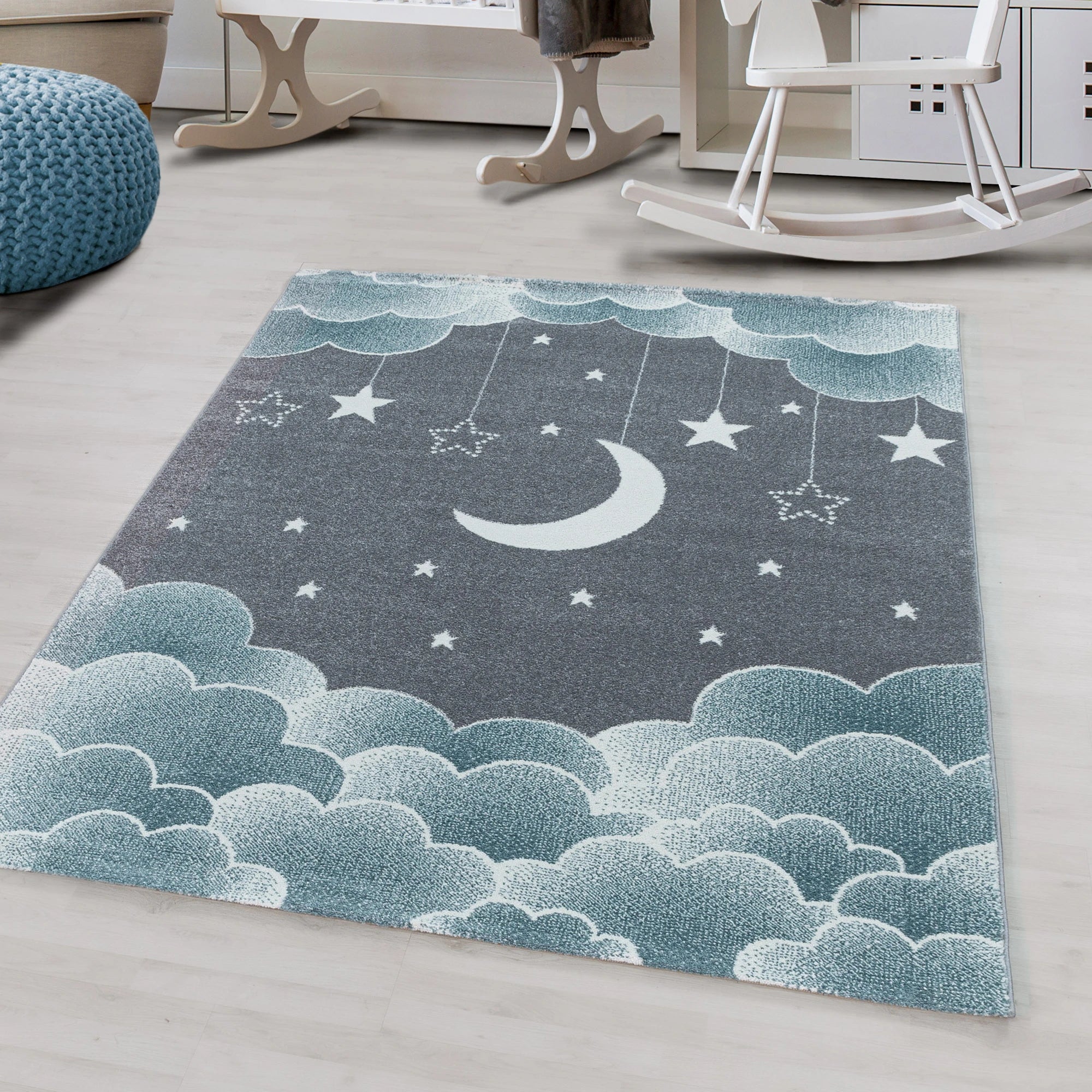Night Sky Cloud Pattern Playroom Kids Rug | Blue