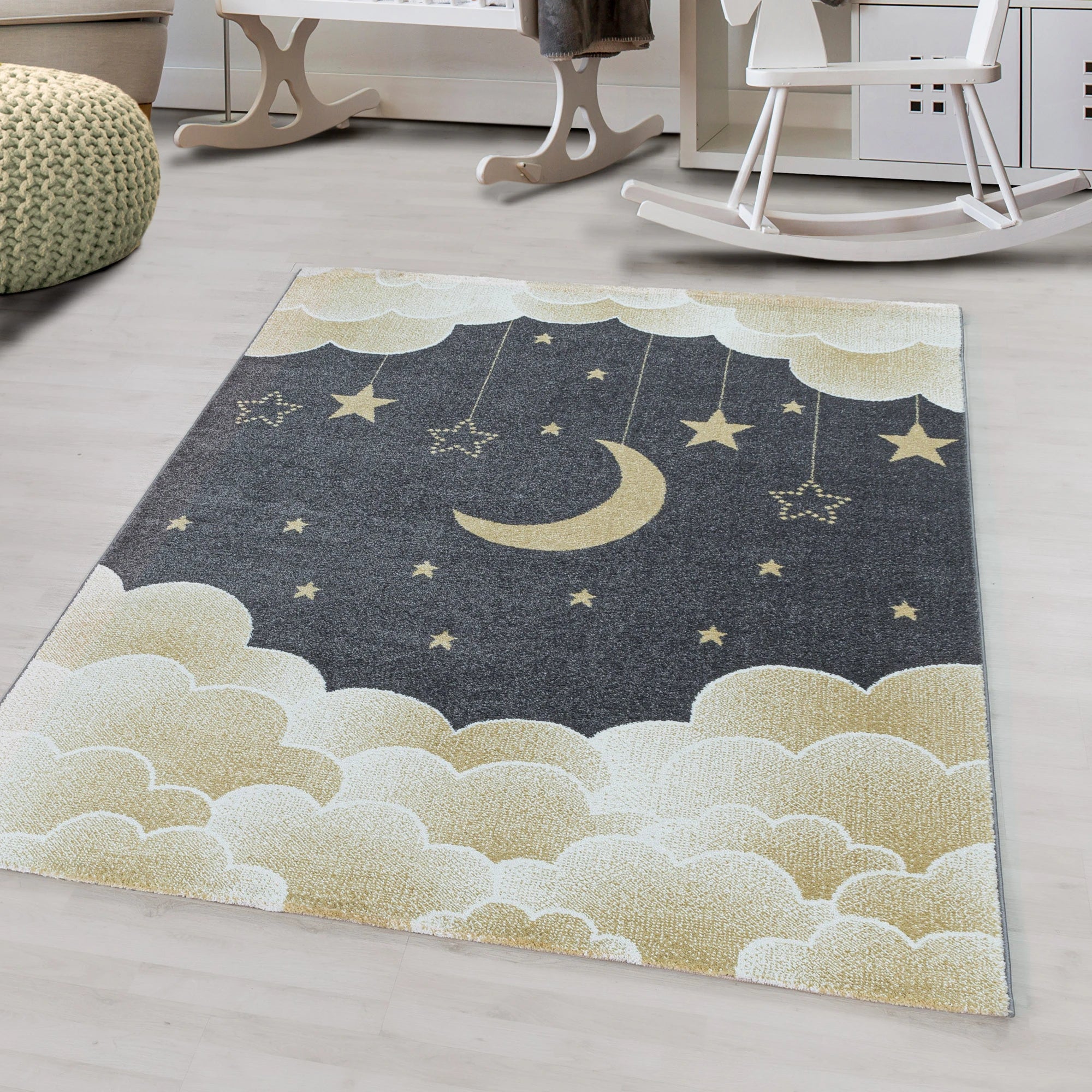 Night Sky Cloud Pattern Playroom Kids Rug | Yellow