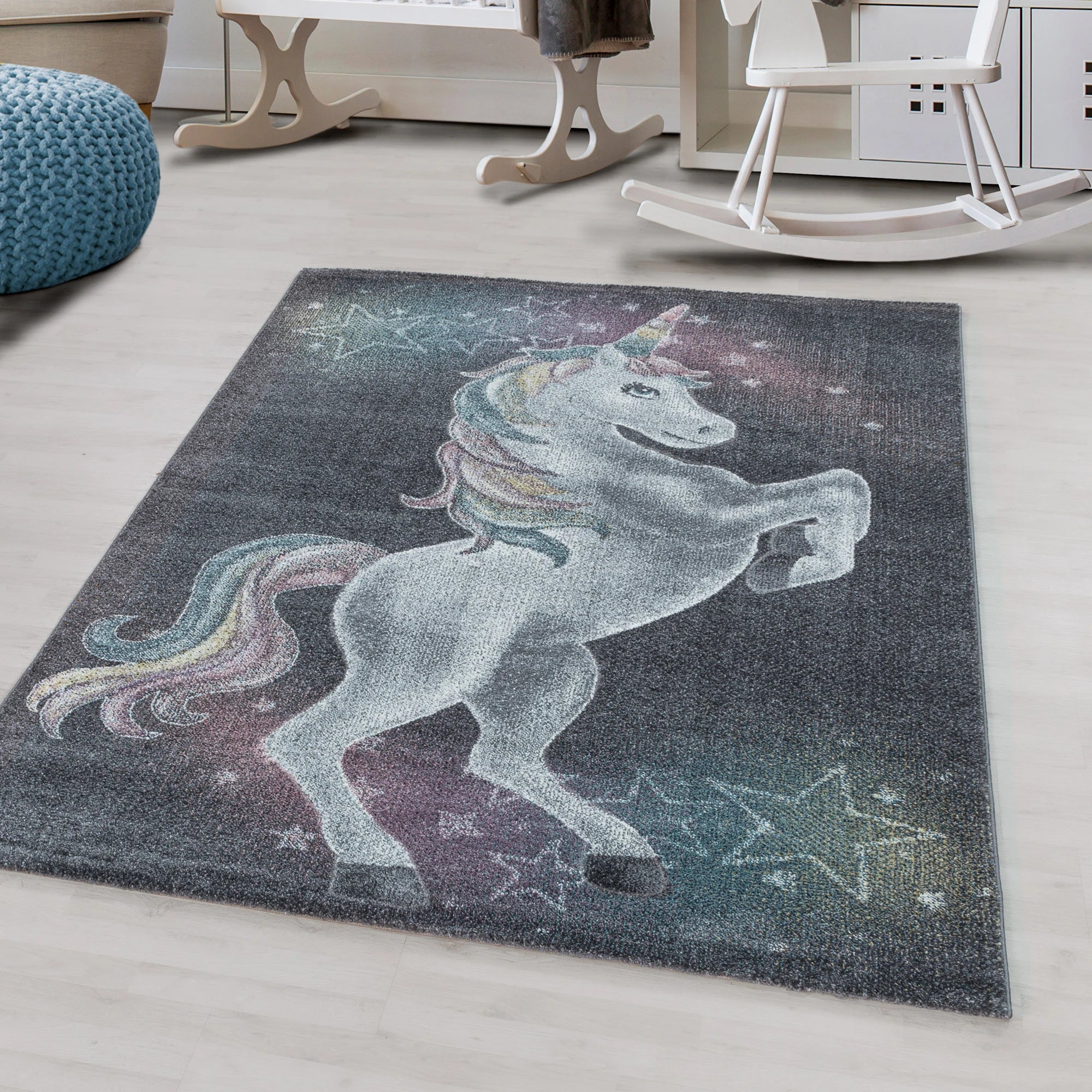 Majestic Unicorn Rainbow Mane Kids Rug | Gray