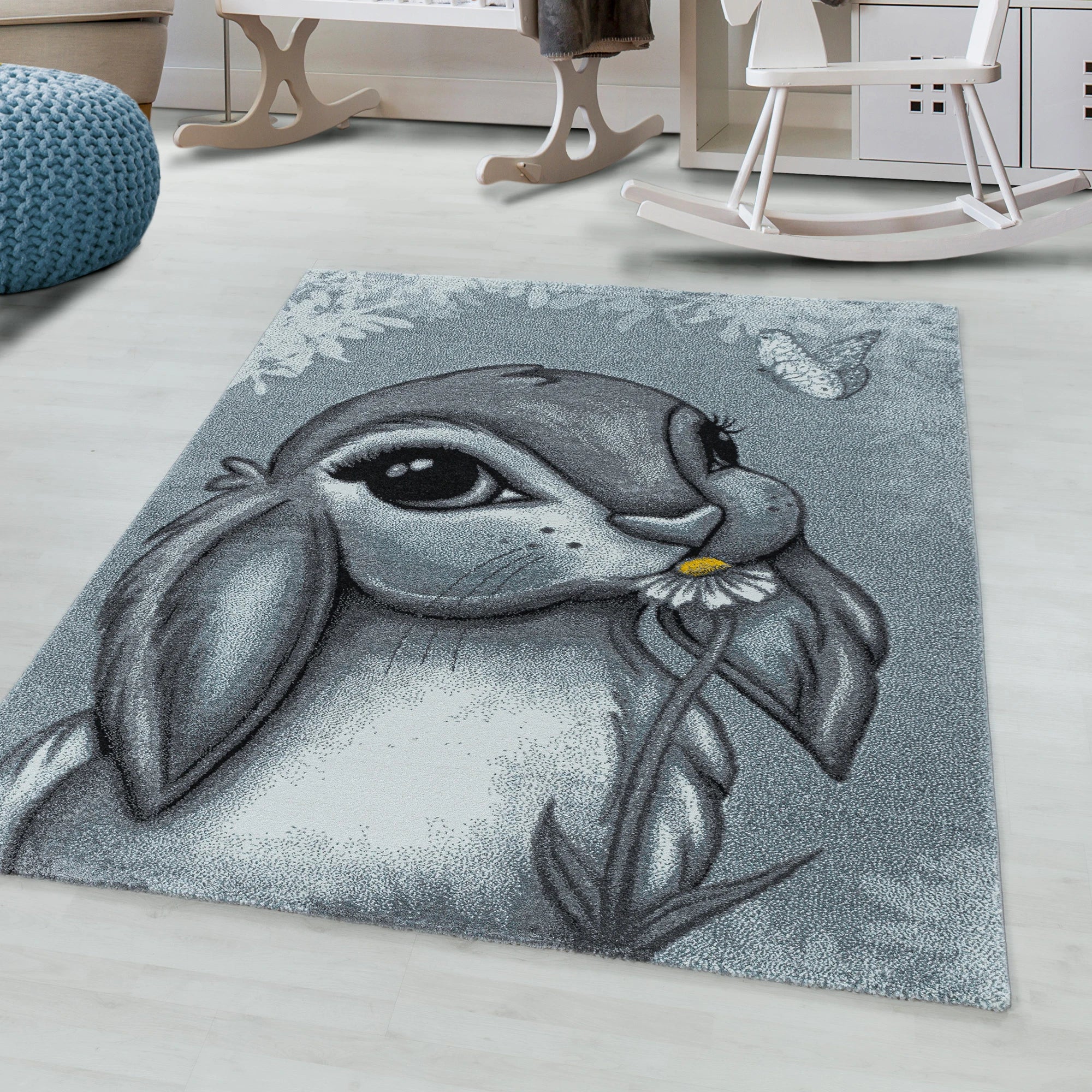 Adorable Bunny Rabbit Portrait Kids Rug | Blue