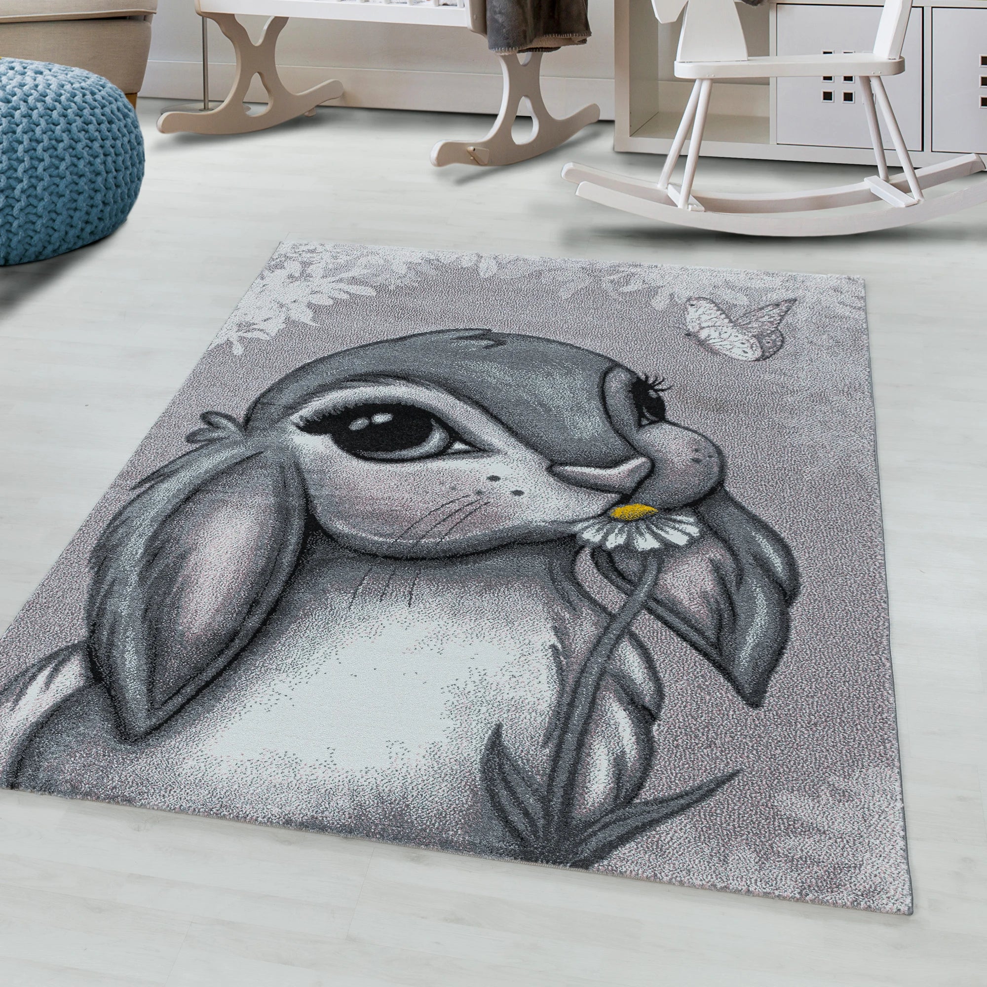 Adorable Bunny Rabbit Portrait Kids Rug | Pink