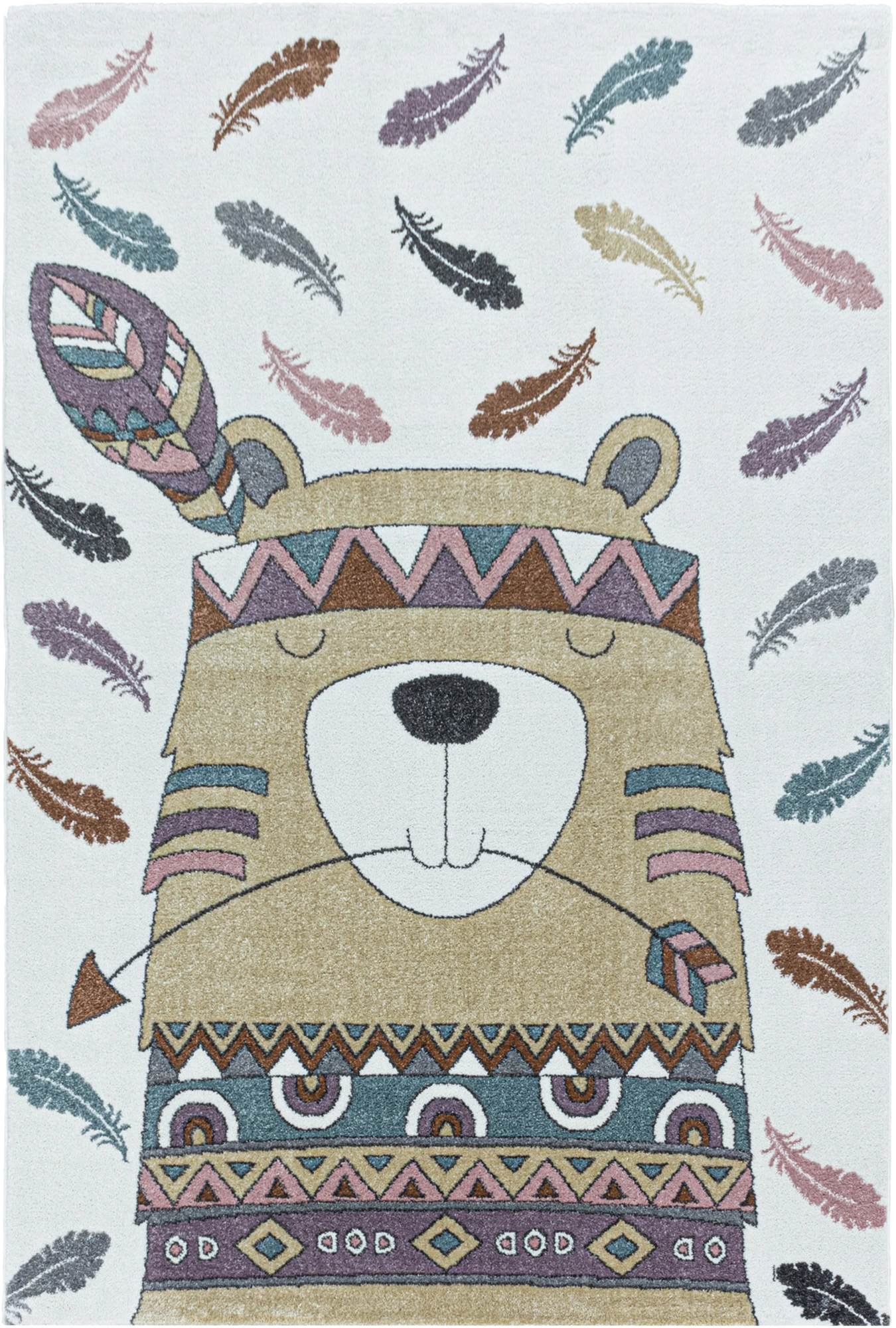 Boho Tribal Bear with Feathers Kids Rug | Yellow