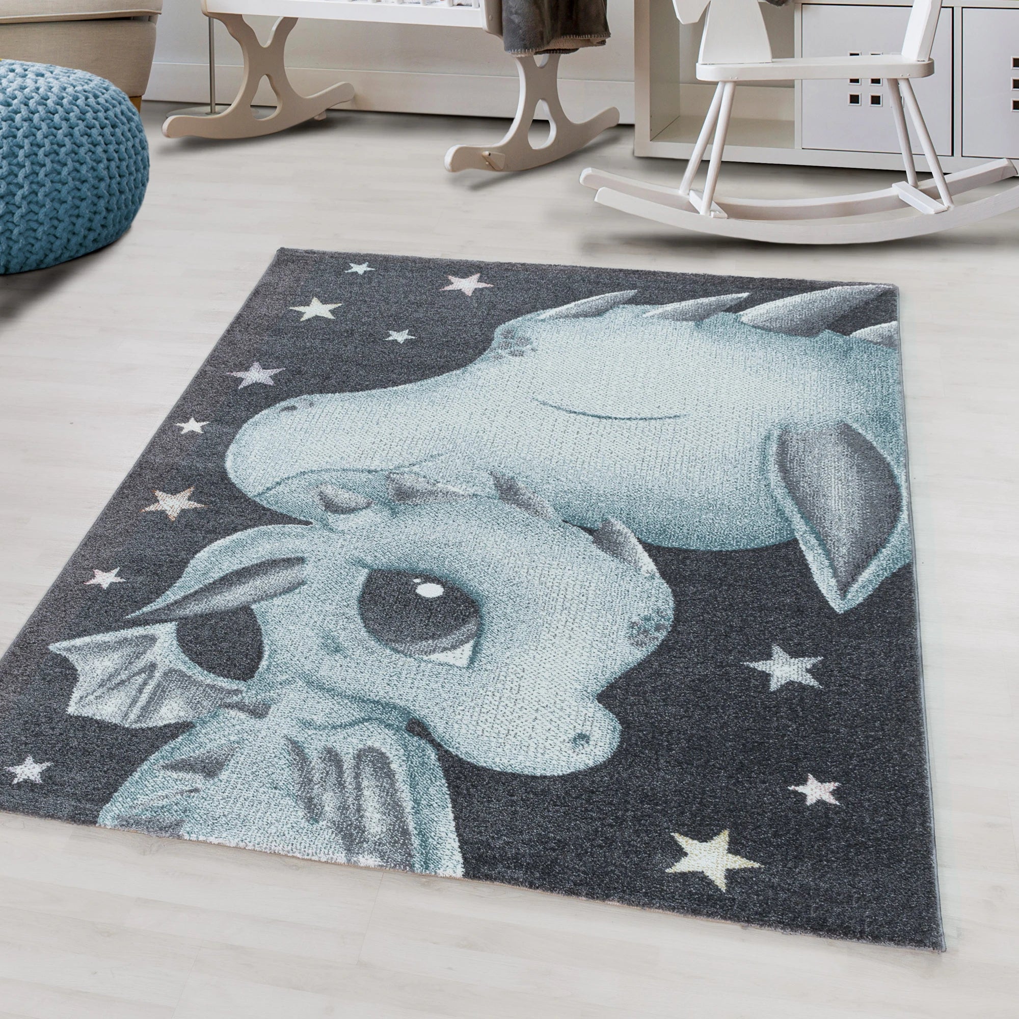 Cute Dragon Mom & Baby Nursery Kids Rug | Blue
