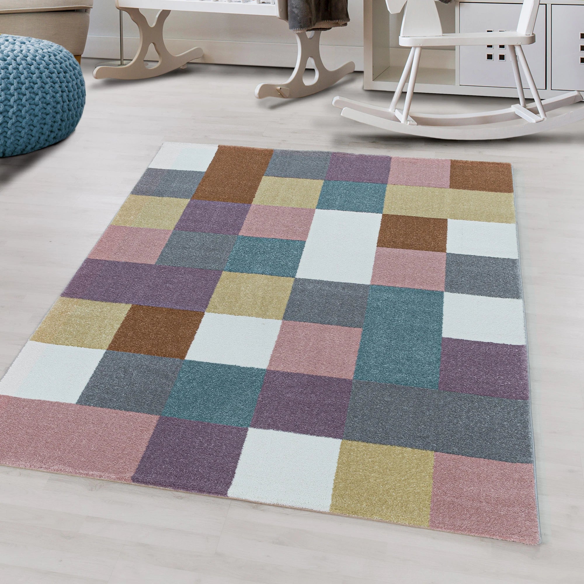 Modern Geometric Square Playroom Carpet | Multi