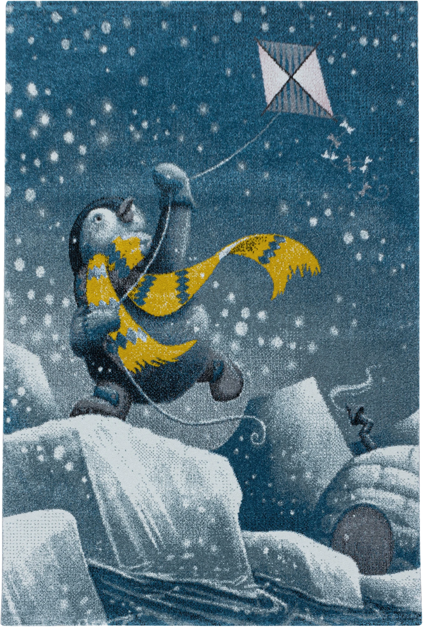 Arctic Penguin Flying Kite Kids Area Rug | Blue