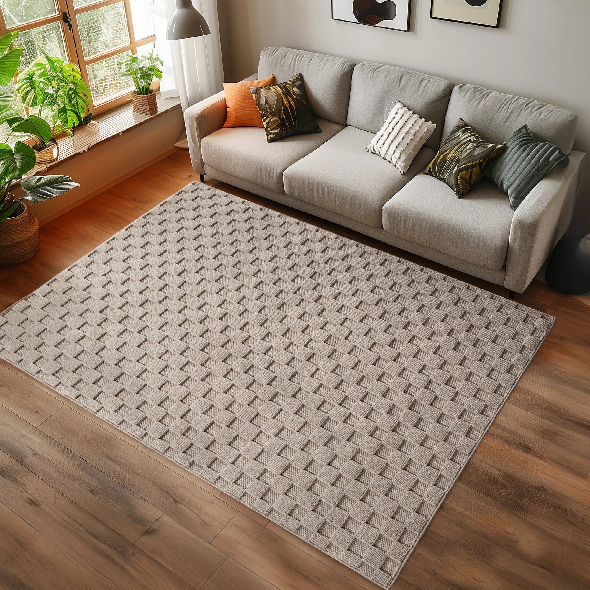 Modern Raised Square Pattern Rug | Beige