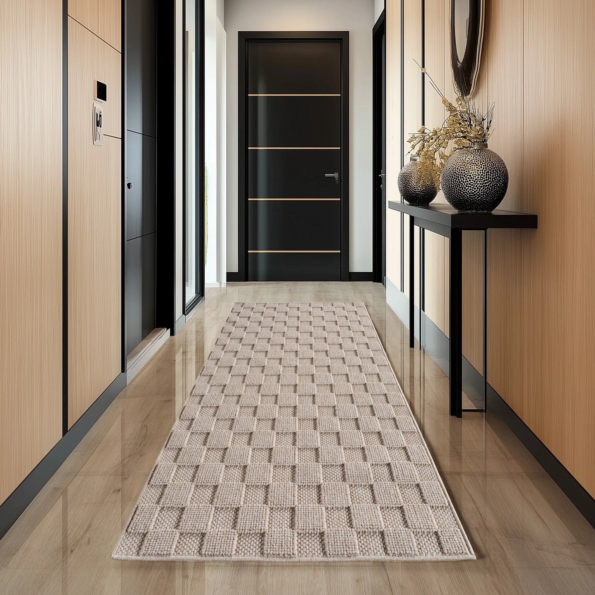 Modern Raised Square Pattern Rug | Beige