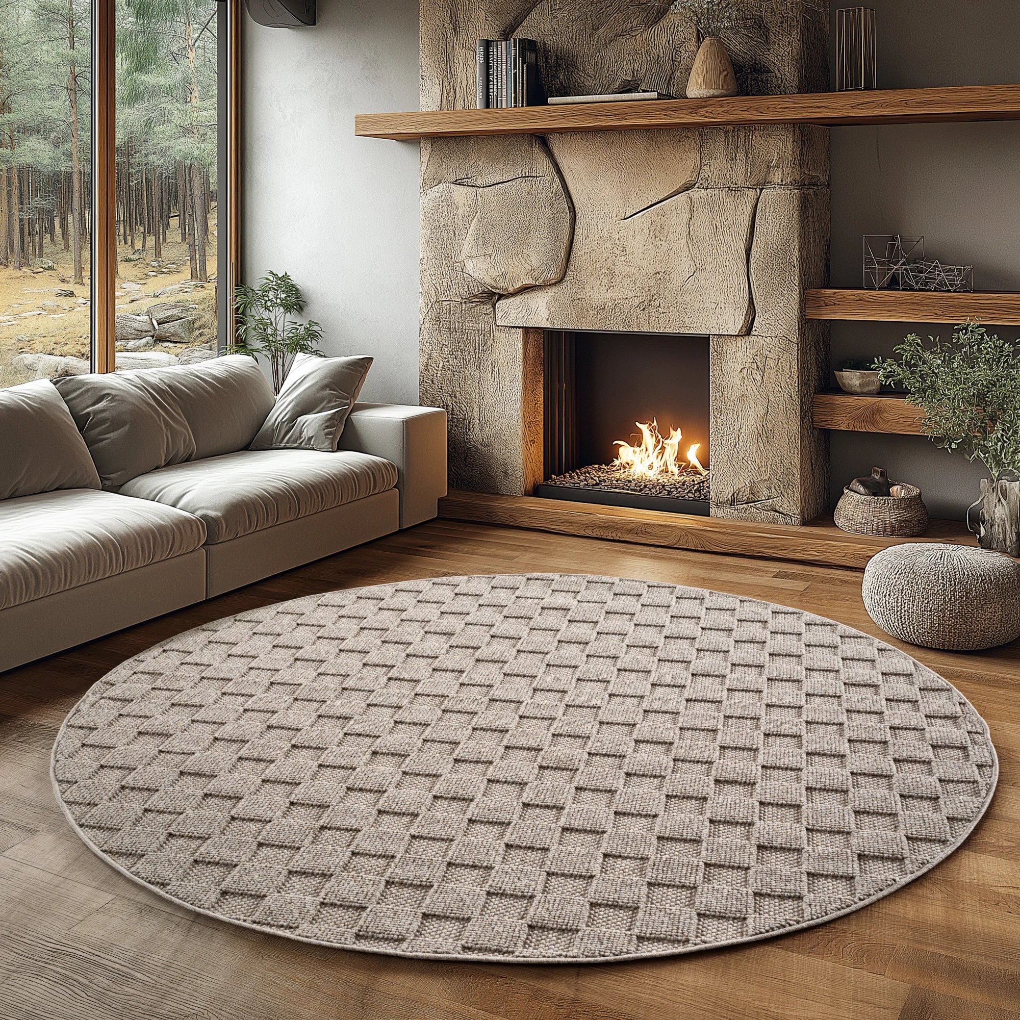 Modern Raised Square Pattern Rug | Beige