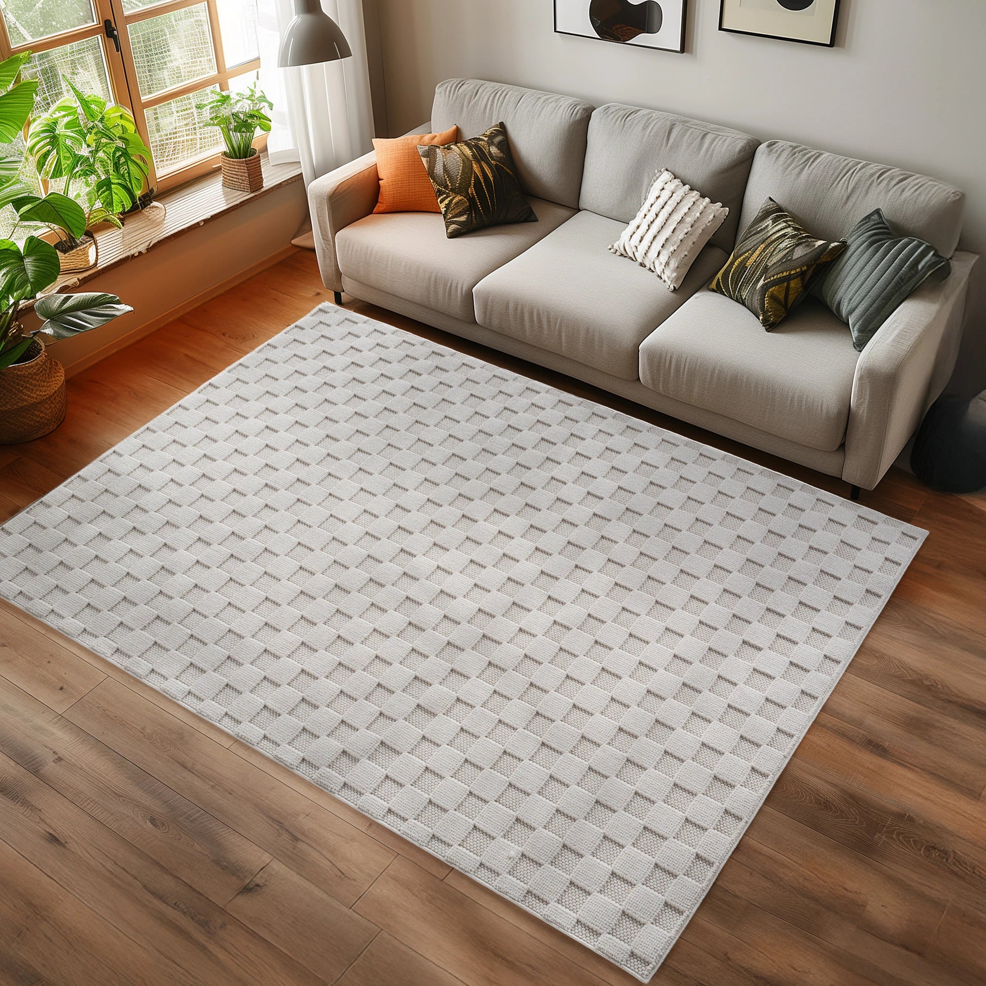 Modern Raised Square Pattern Rug | Cream