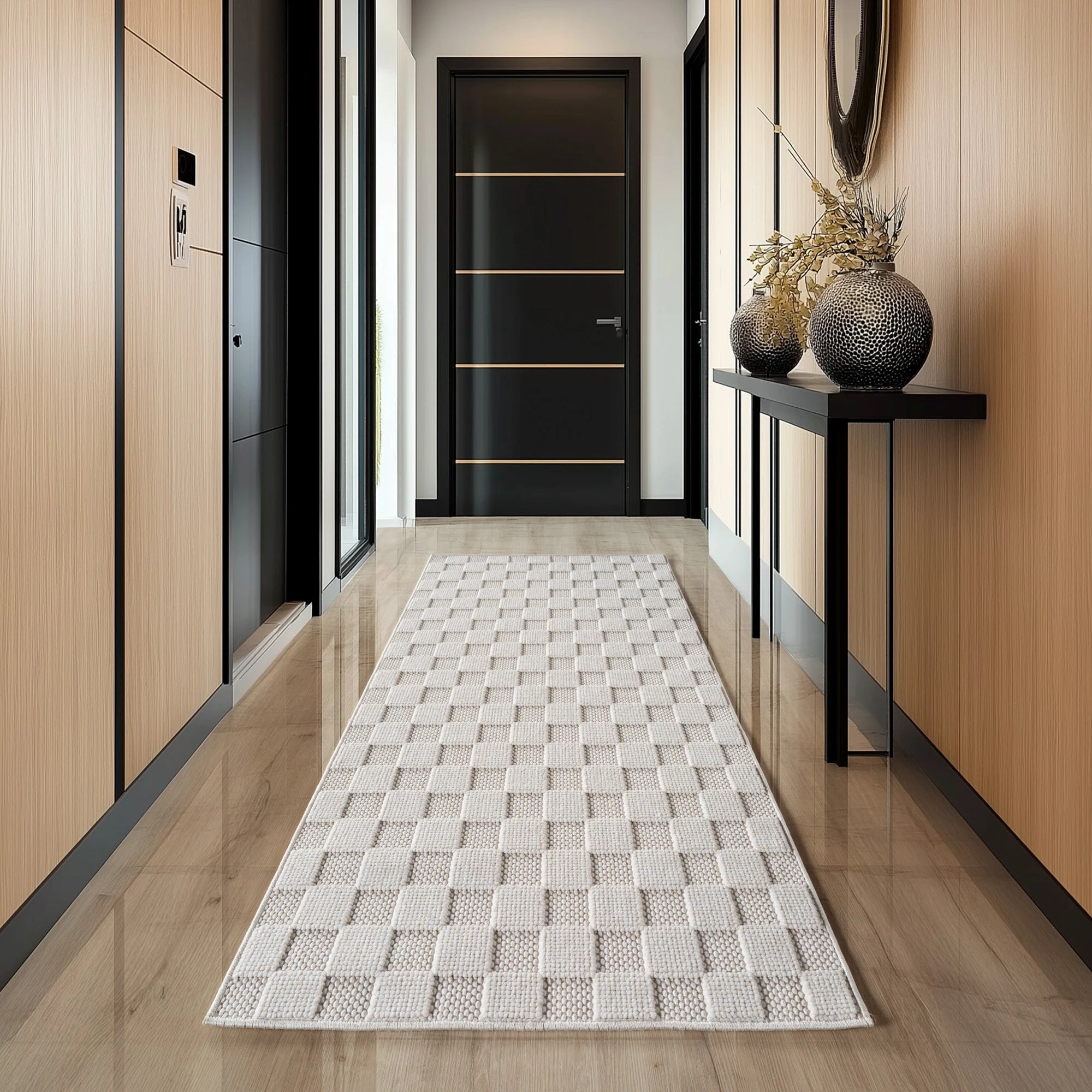 Modern Raised Square Pattern Rug | Cream