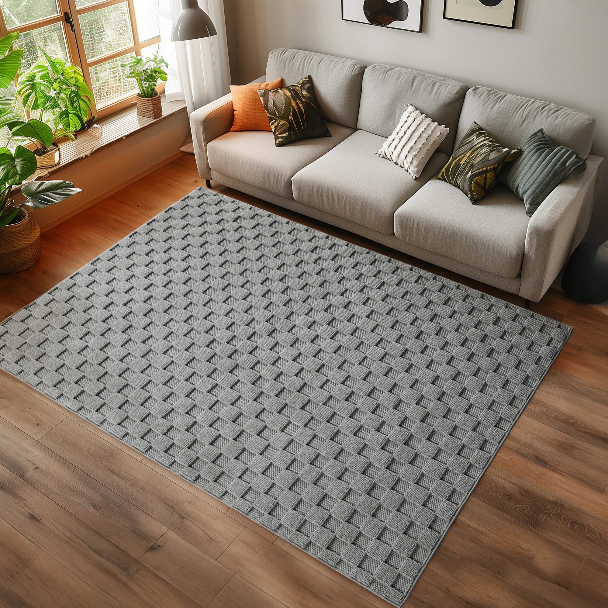 Modern Raised Square Pattern Rug | Gray