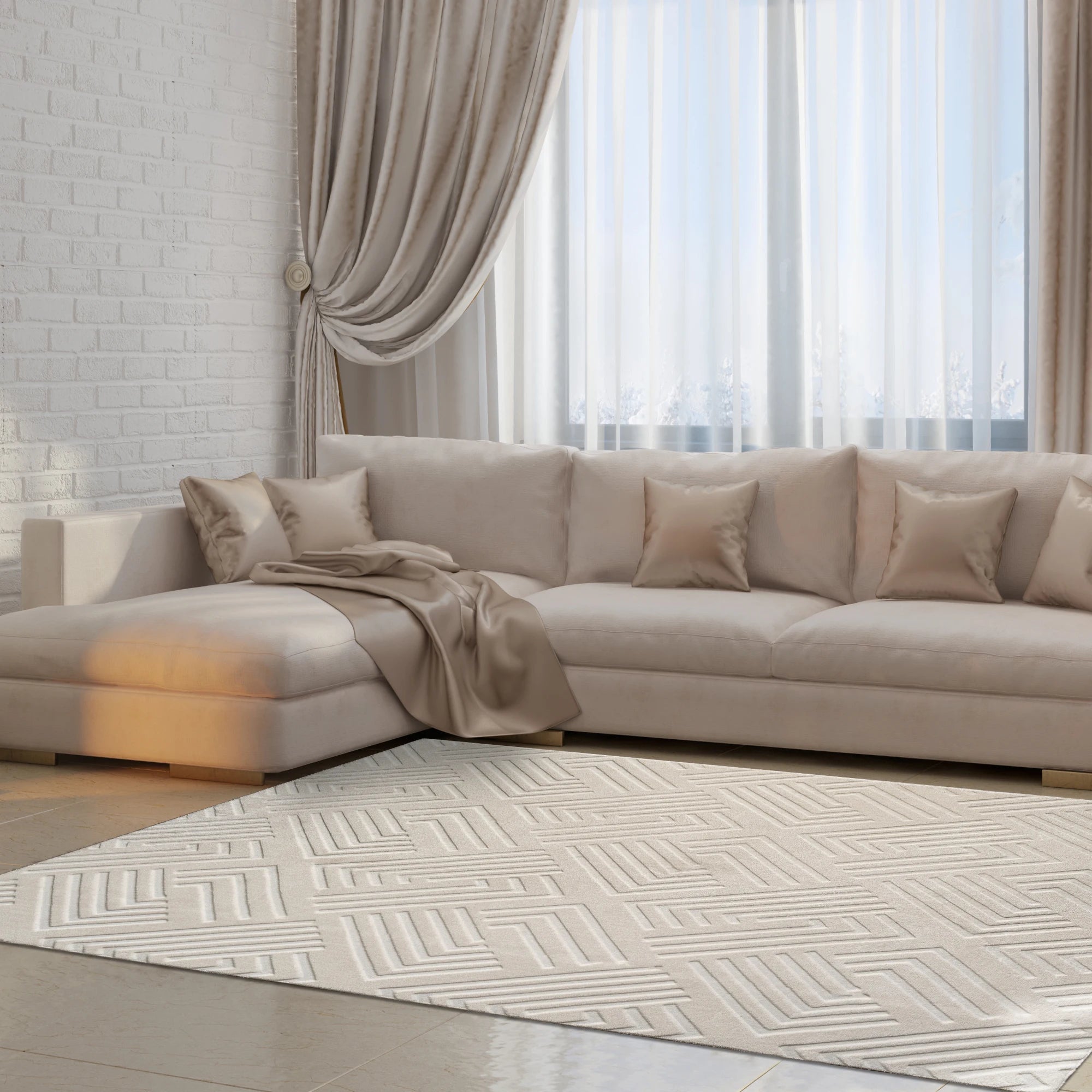 Modern Geometric Maze Plush Rug - Ivory
