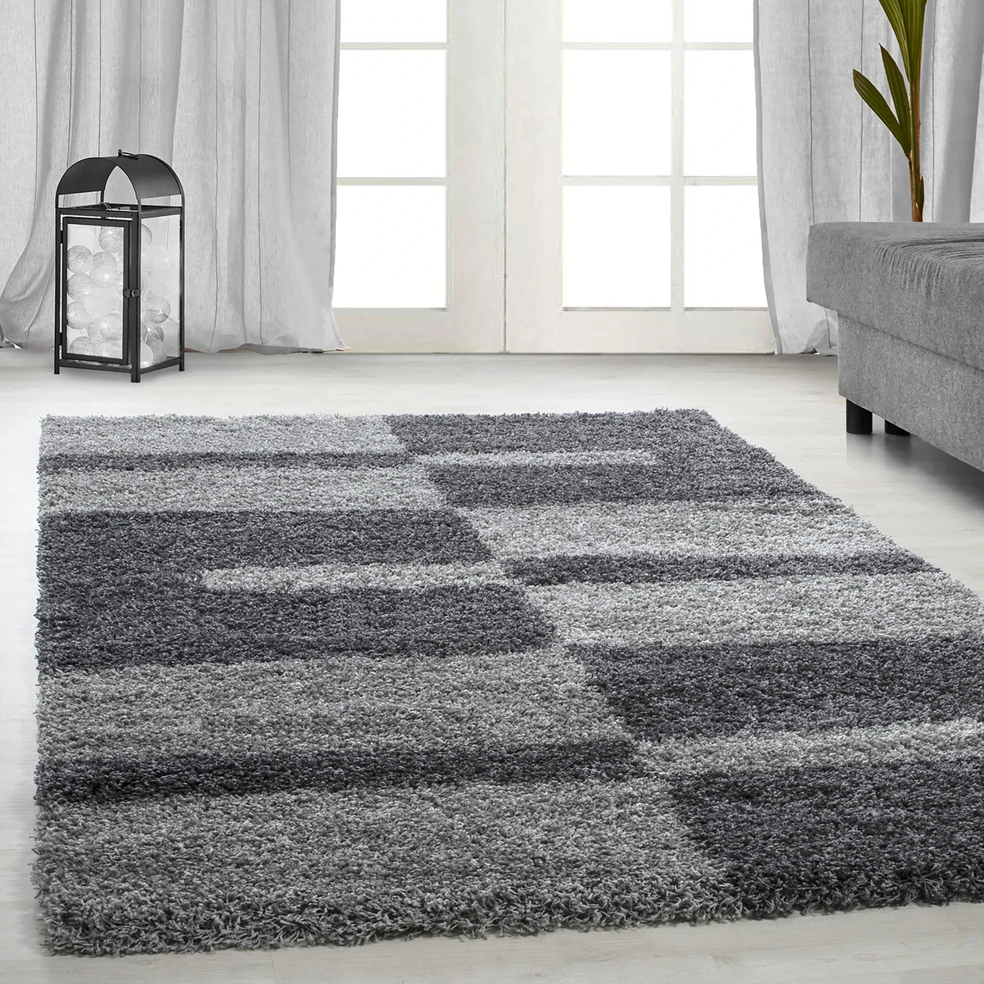 Checkered Plaid Block Shag Rug | Gray