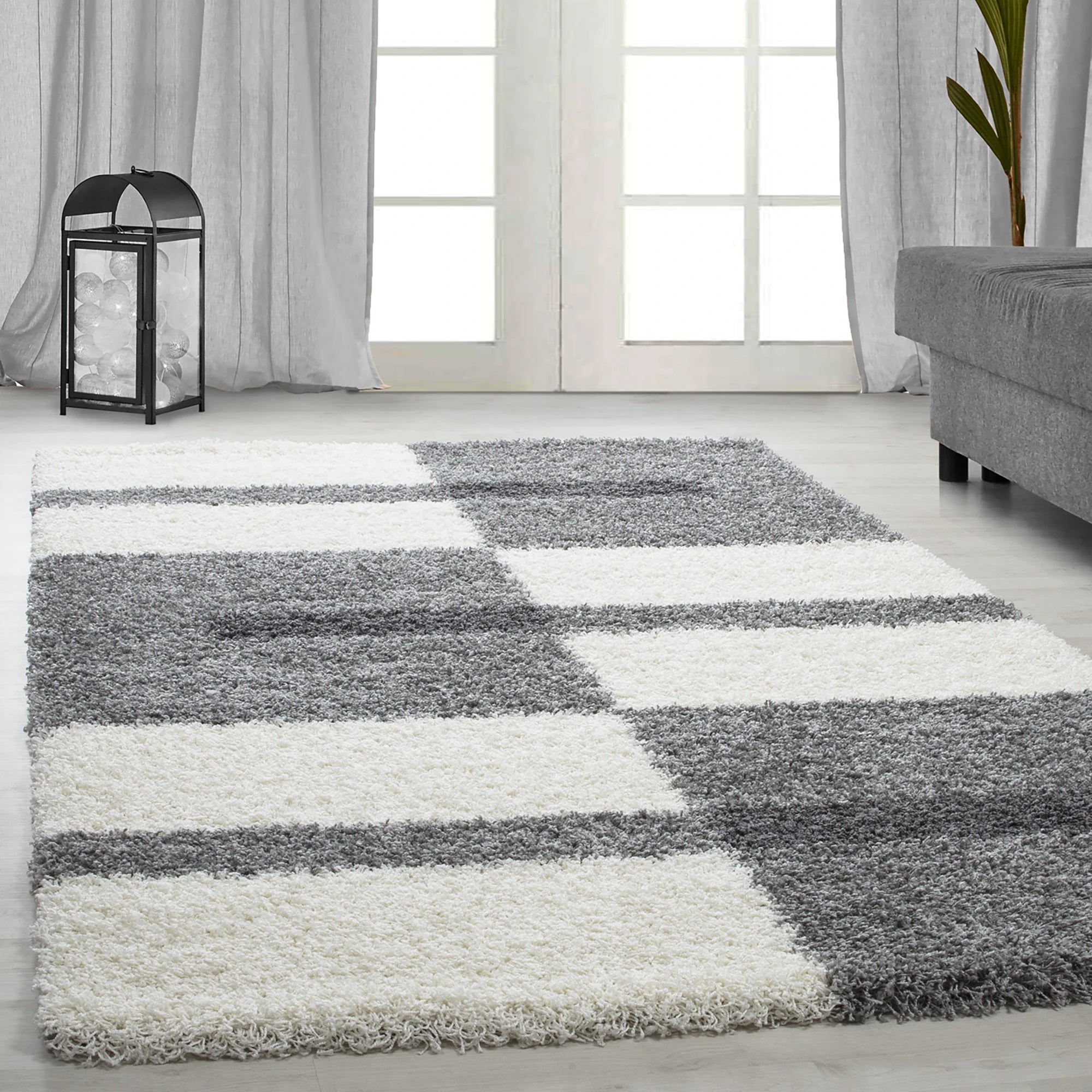 Checkered Plaid Block Shag Rug | Light Gray