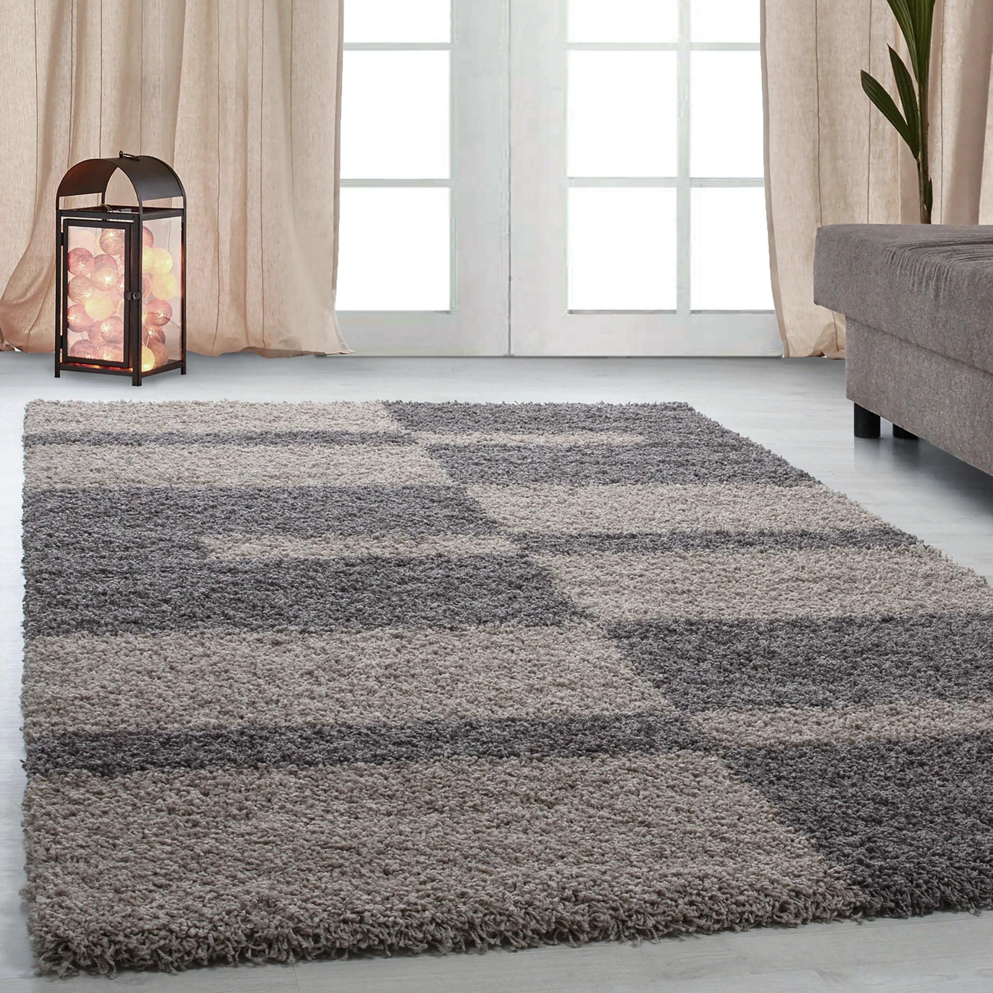 Checkered Plaid Block Shag Rug | Taupe