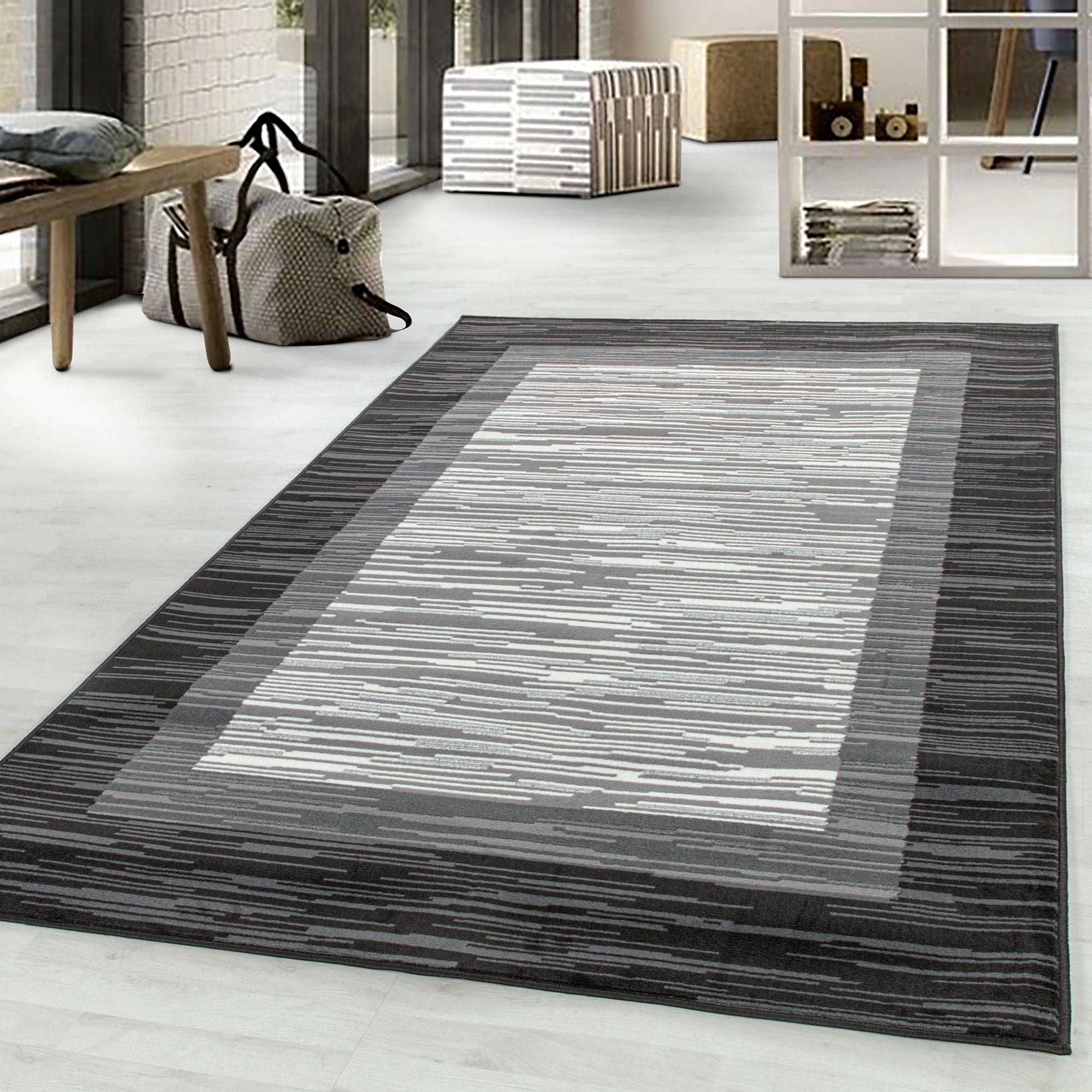 Abstract Stripe Border Rug | Gray