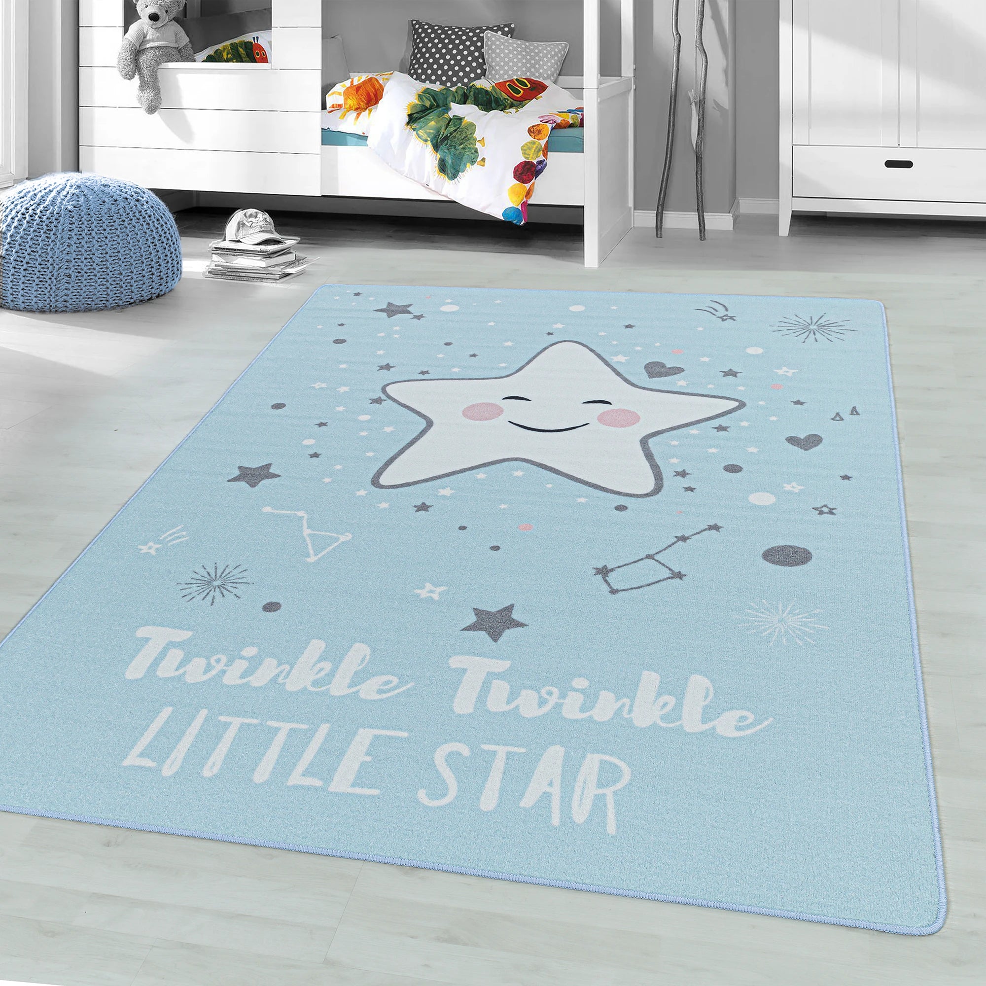 Tappeto per camera dei bambini con costellazione di stelle sorridenti | Blu