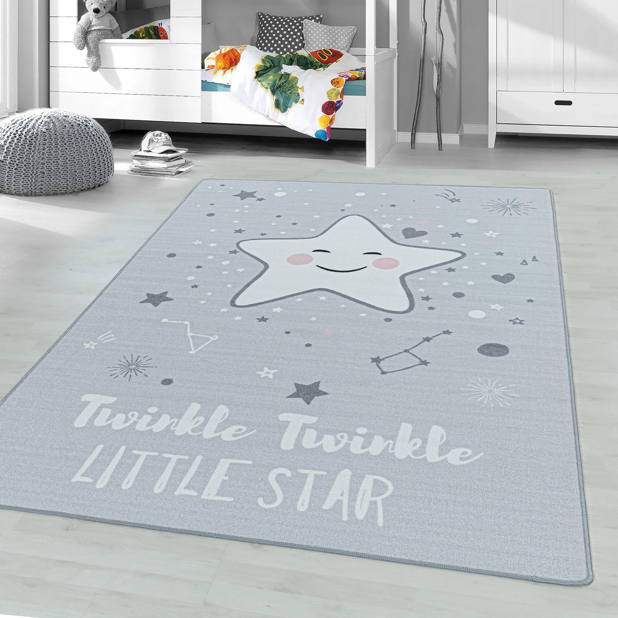 Cute Smiling Star Constellation Kids Room | Gray Rug