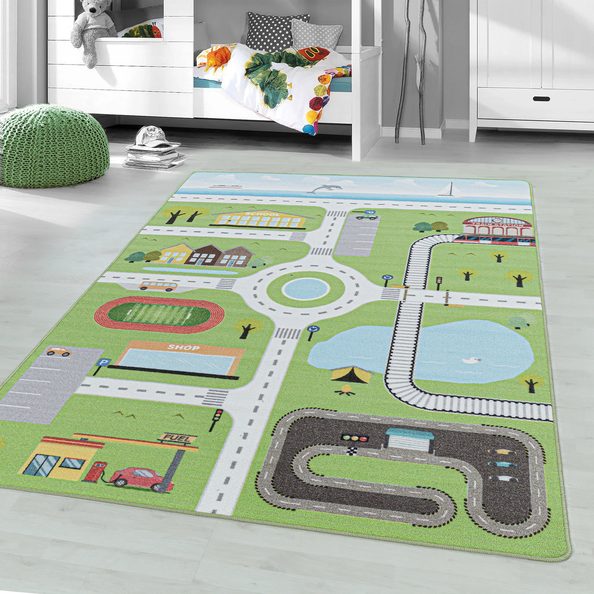 Fun City Road Traffic Playmat for Kids Rug | Green