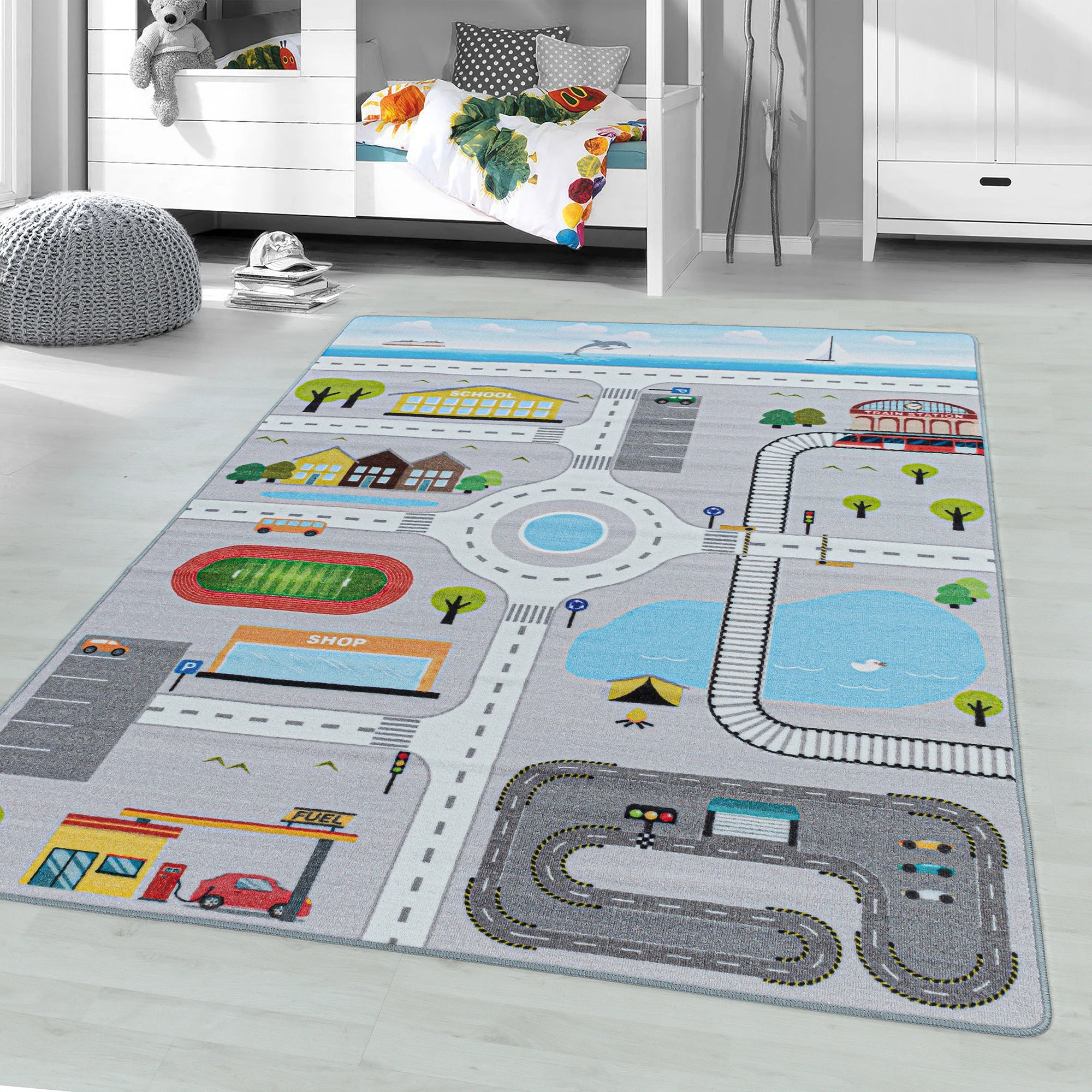 Fun City Road Traffic Playmat for Kids Rug | Gray