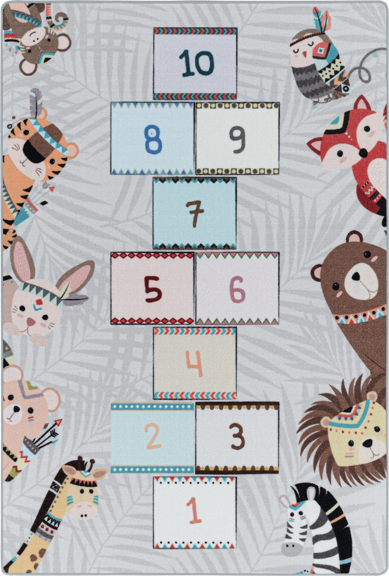 Cute Boho Animals Hopscotch Kids Game Rug | Gray