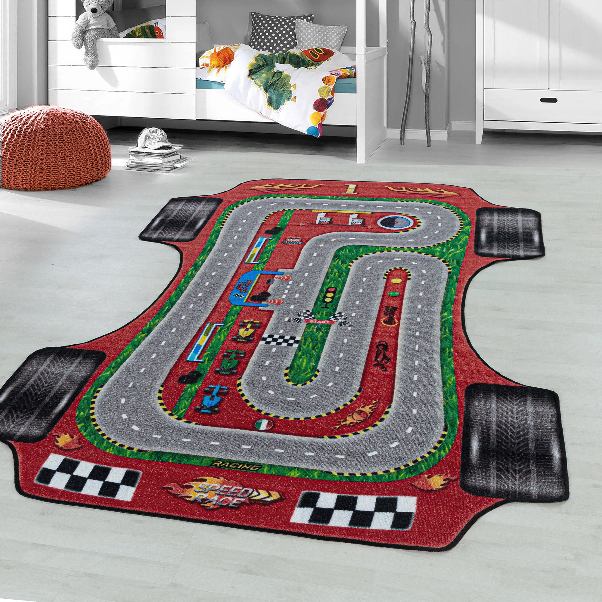 Fun Race Car Track Shaped Kids Play Carpet | Red