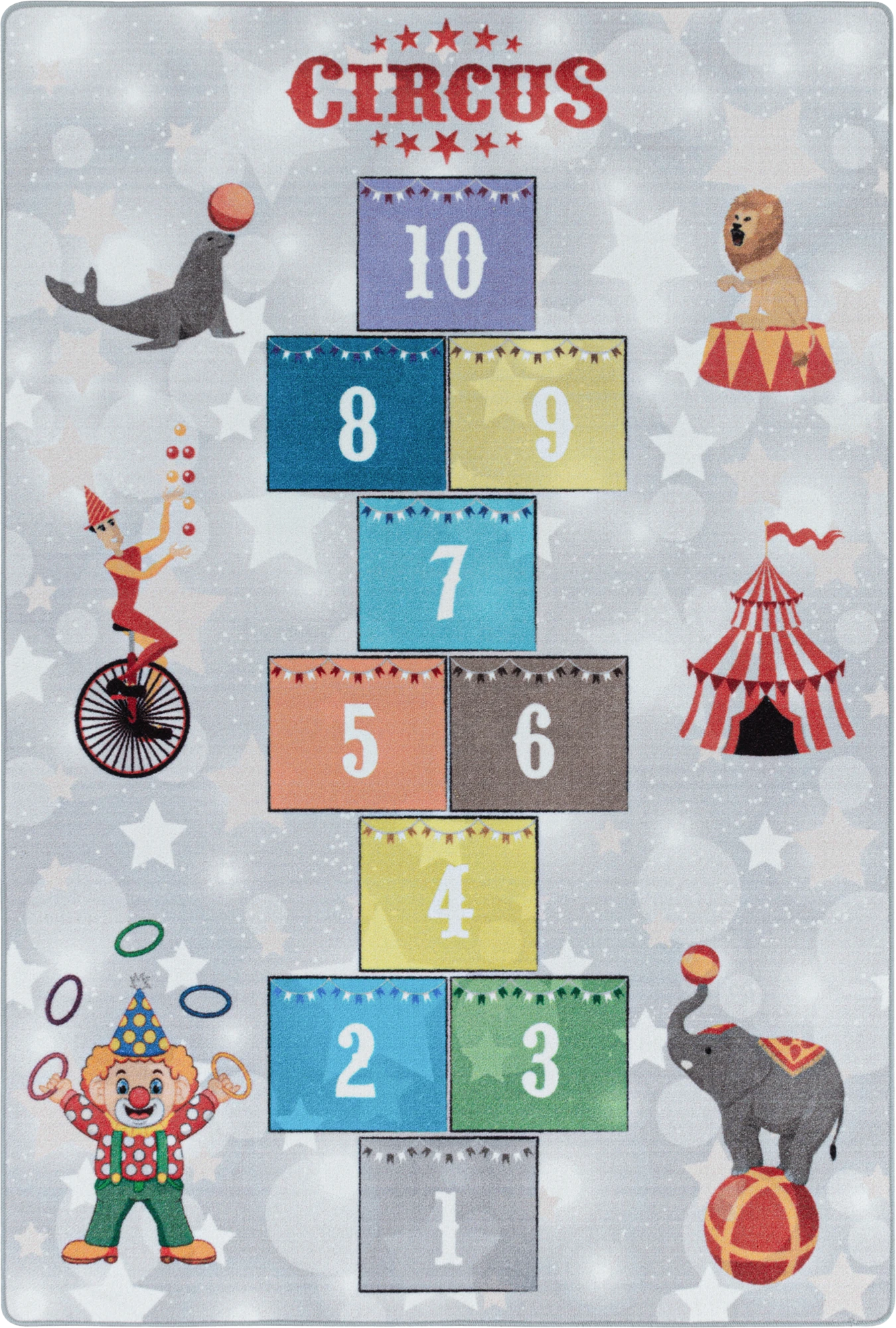 Fun Circus Hopscotch Game Kids Rug | Gray