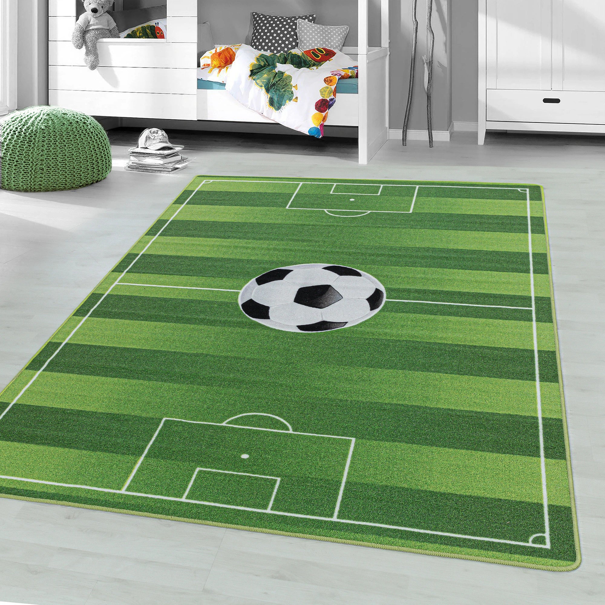 Football Soccer Field Stripes Kids Area Carpet | Green