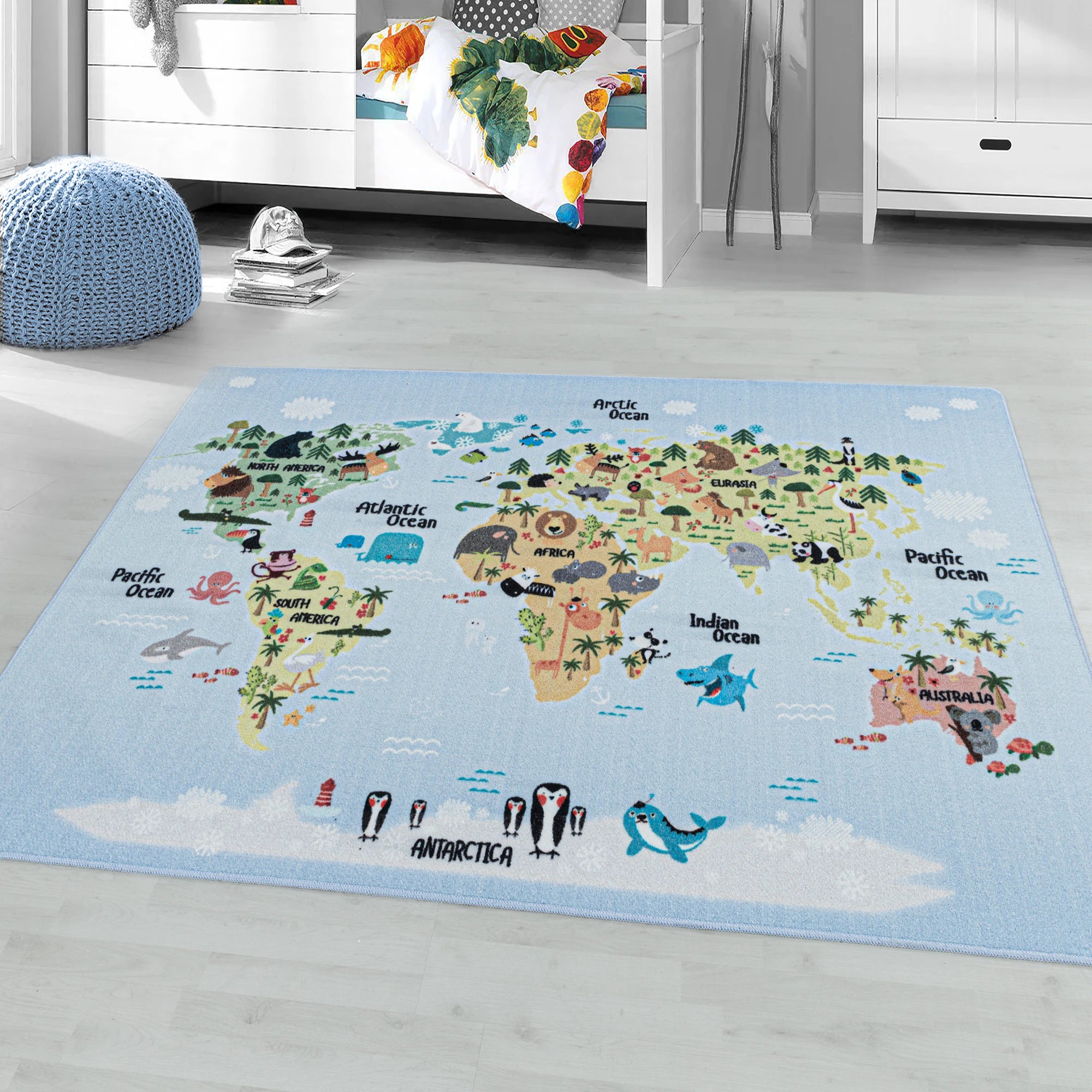 Fun World Map Educational Playroom Rug | Blue