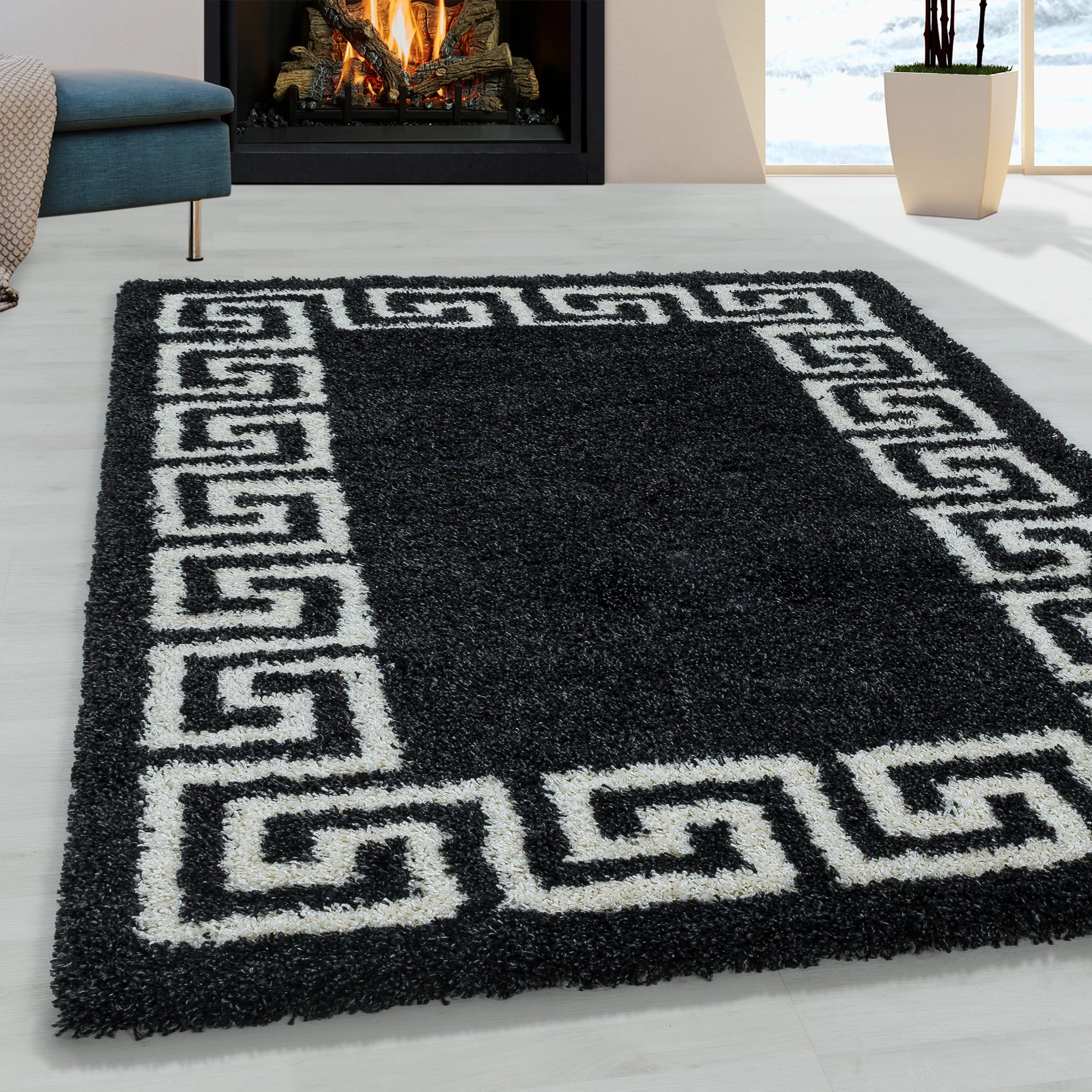 Meander Pattern Neutral Area Rug | Anthracite