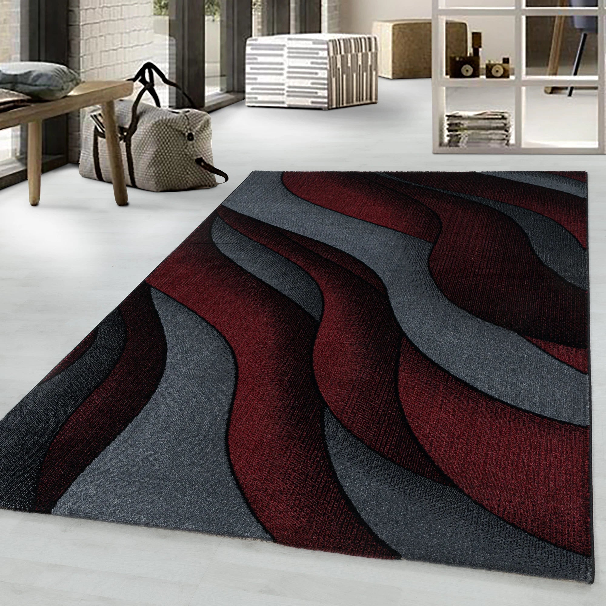 Abstract Contour Wave Line Area Rug | Red