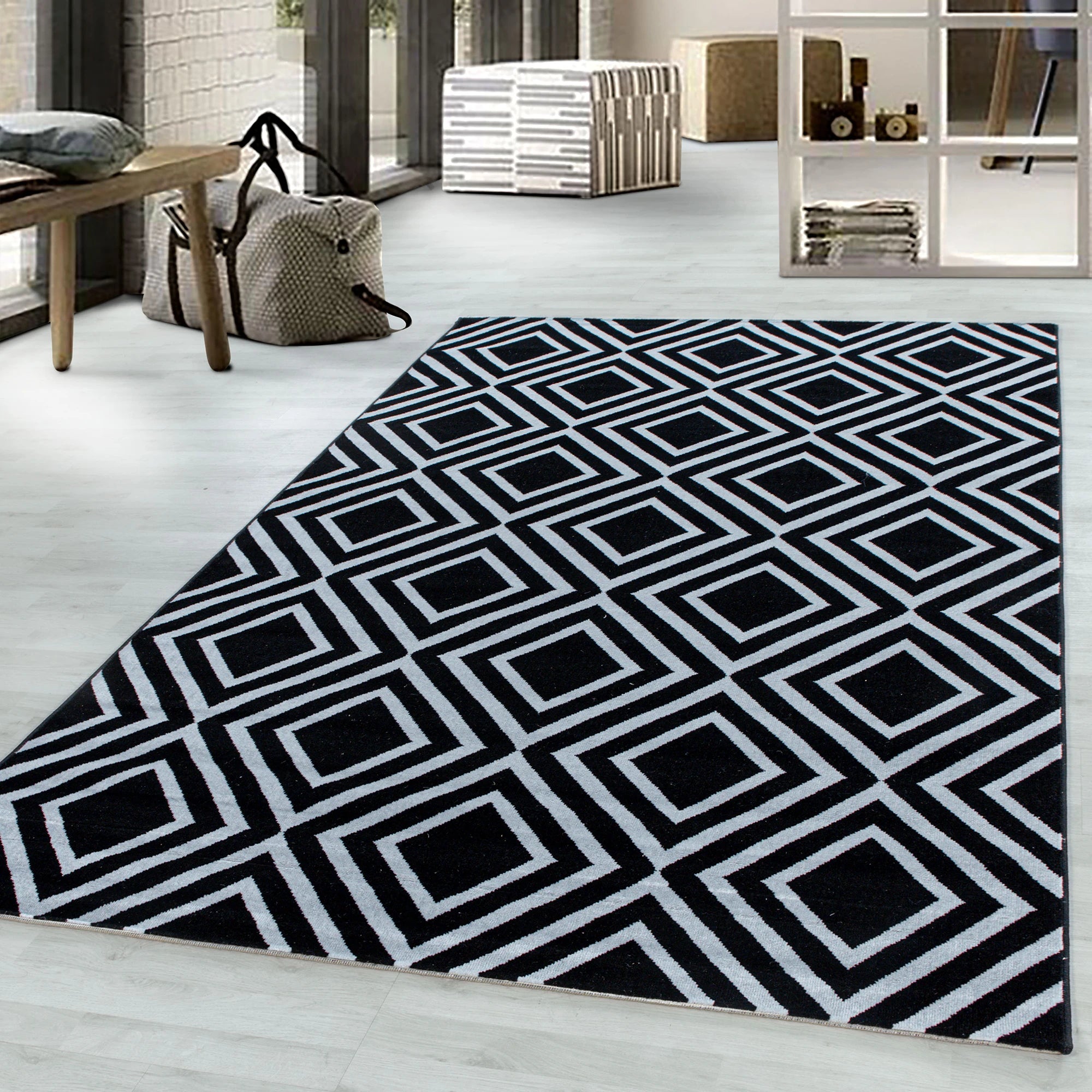Geometric Repeating Diamond Pattern Rug - Black