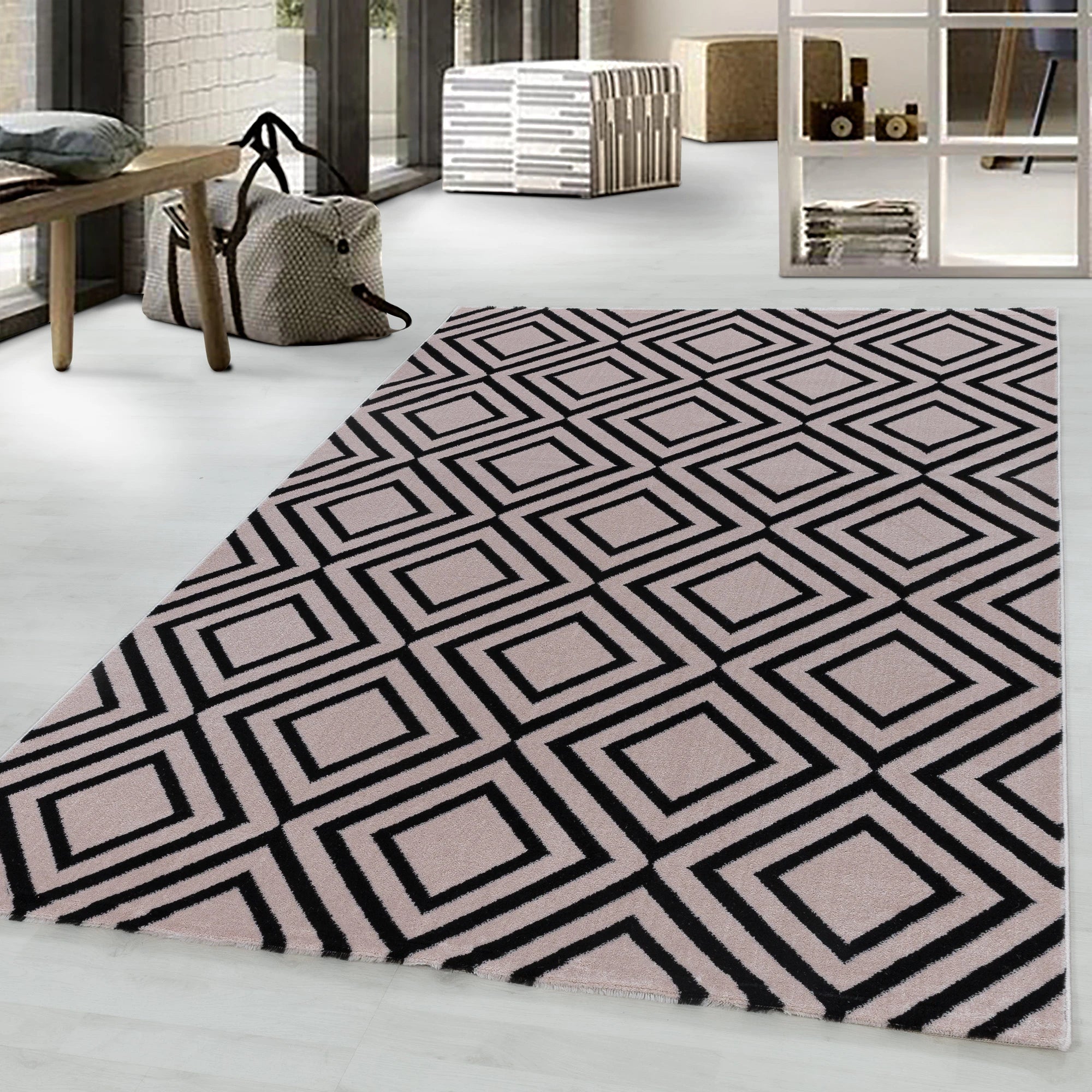 Geometric Repeating Diamond Pattern Rug - Pink