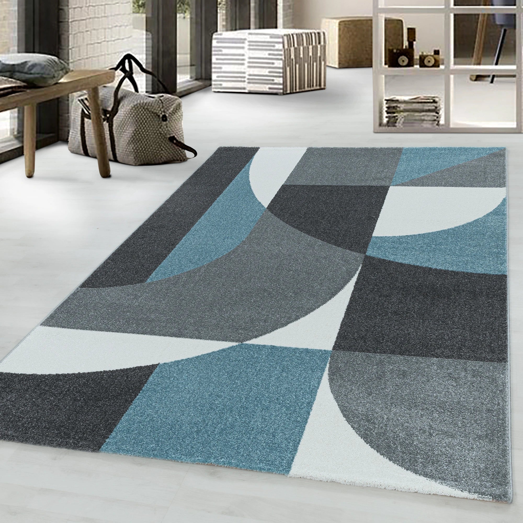 Abstract Mid-Century Curve Rug - Blue