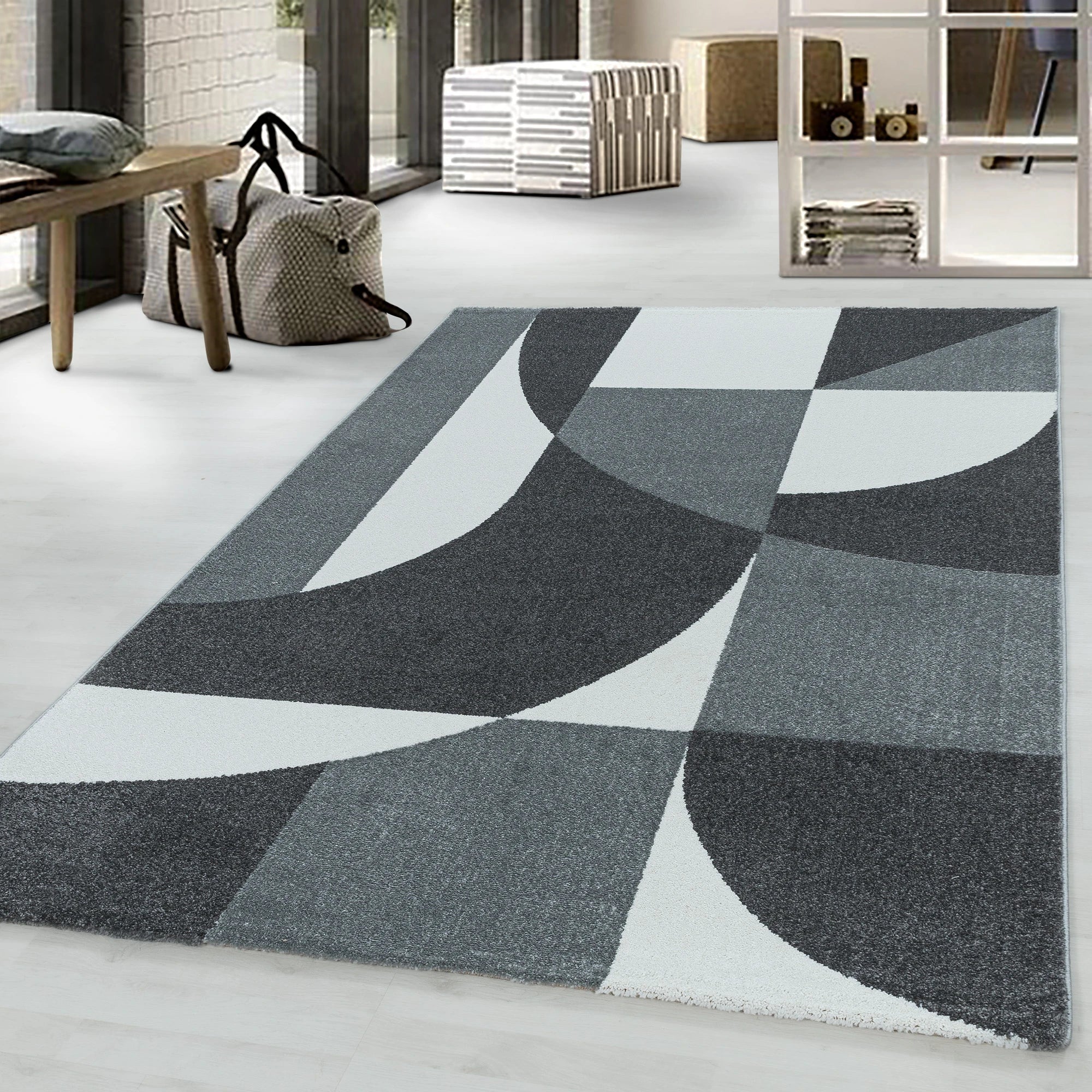 Abstract Mid-Century Curve Rug - Gray