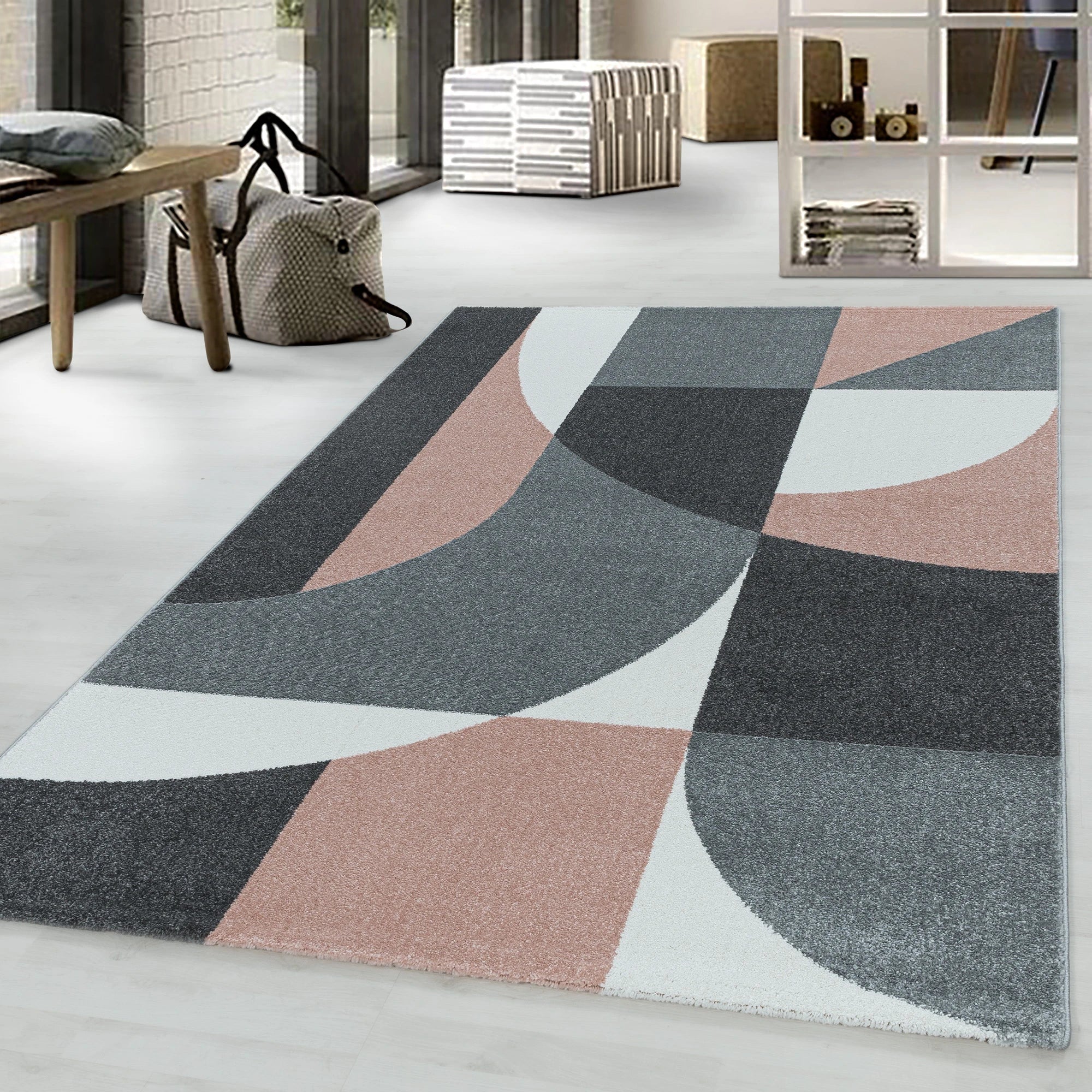 Abstract Mid-Century Curve Rug - Rose
