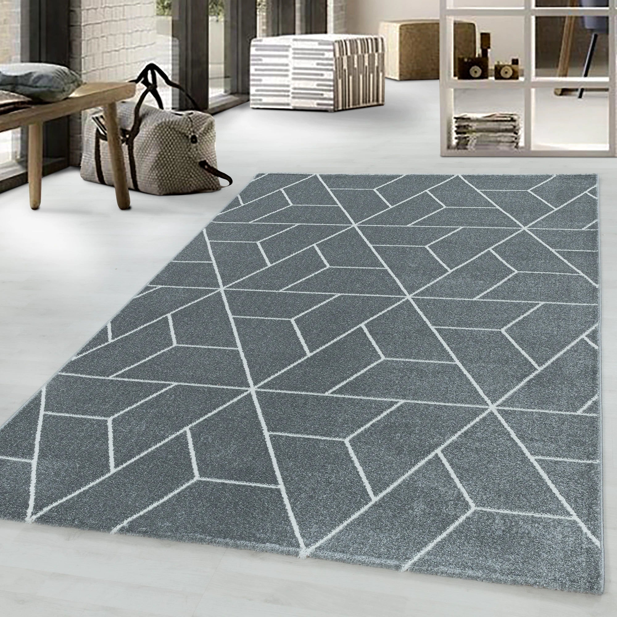 Geometric 3D Cube Line Pattern Area Rug | Gray