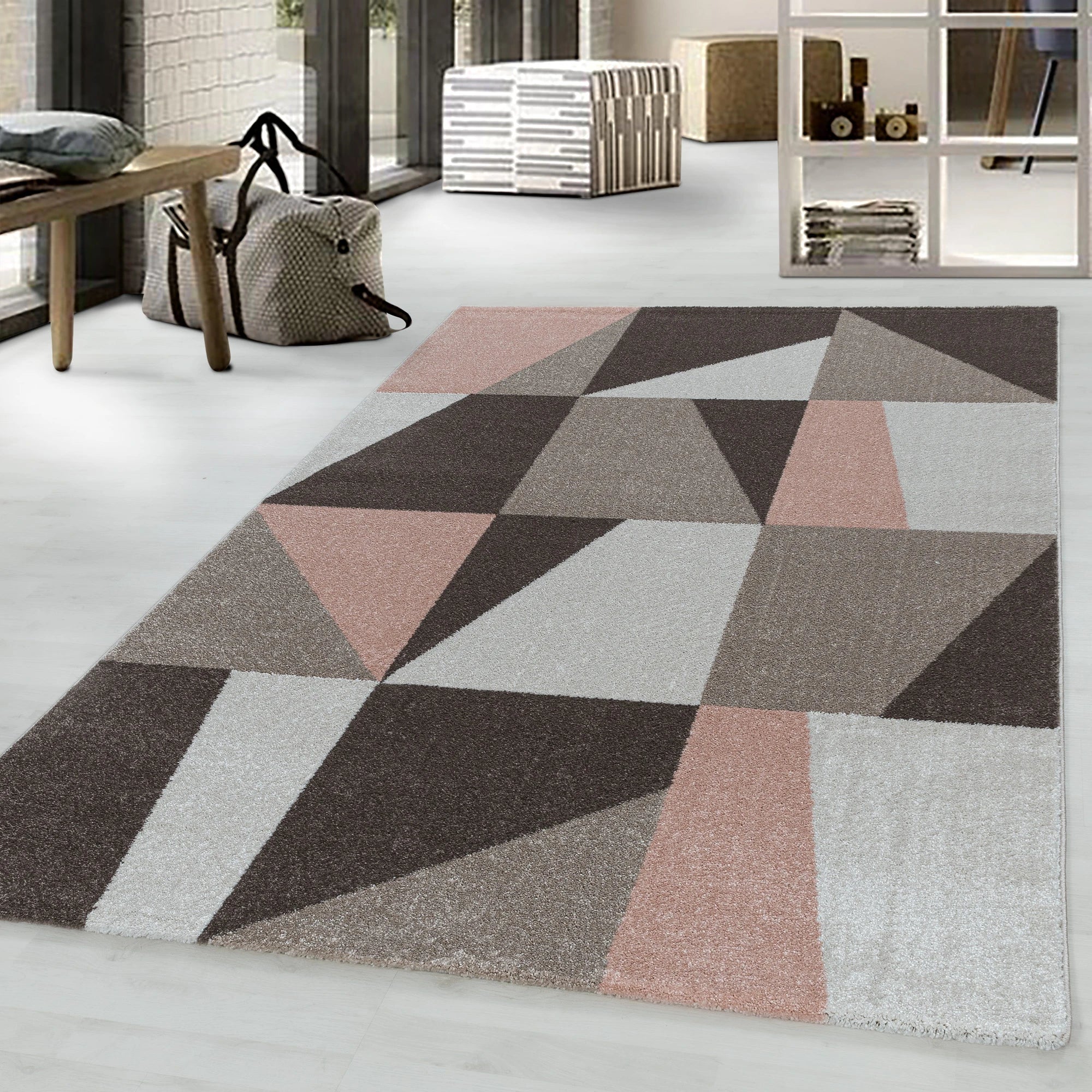 Modern Color Block Polygon Pattern Rug | Rose