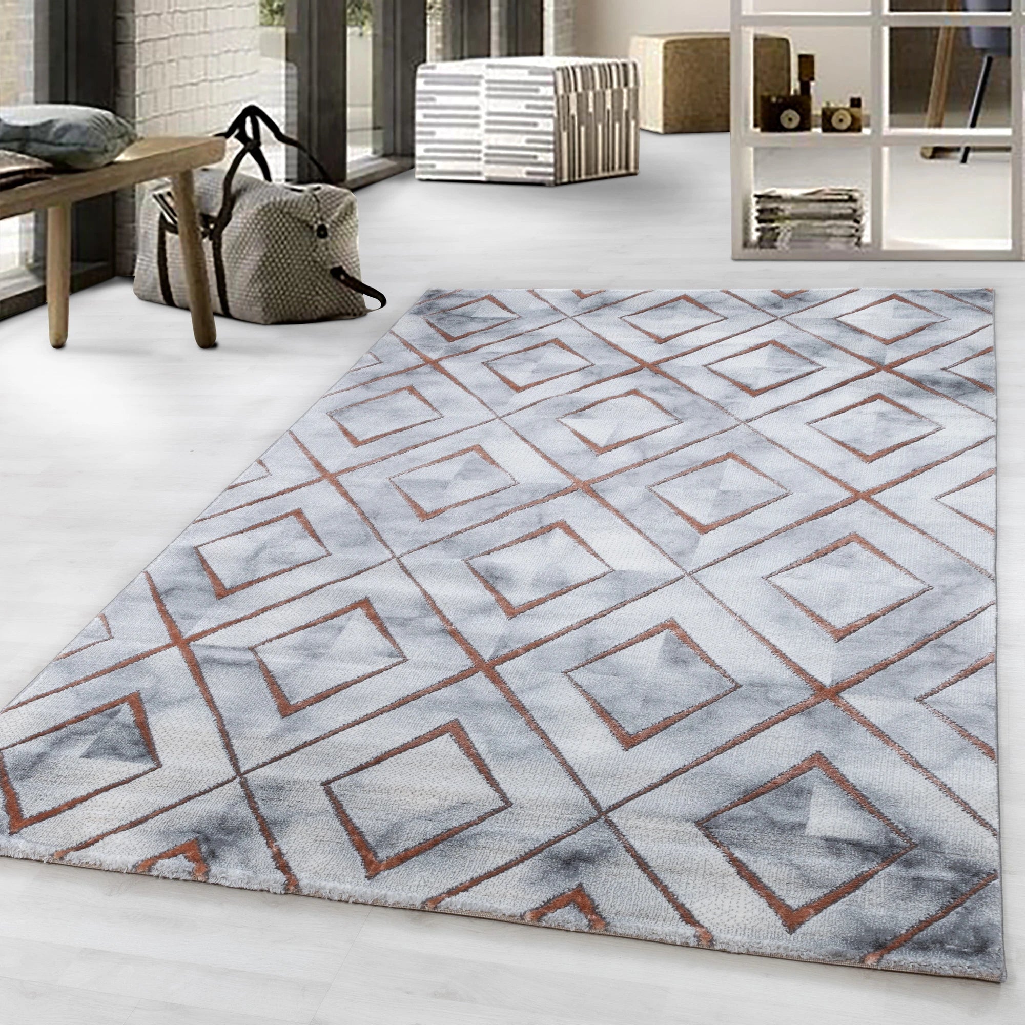 Modern Marble Effect Geometric Design Rug | Bronze