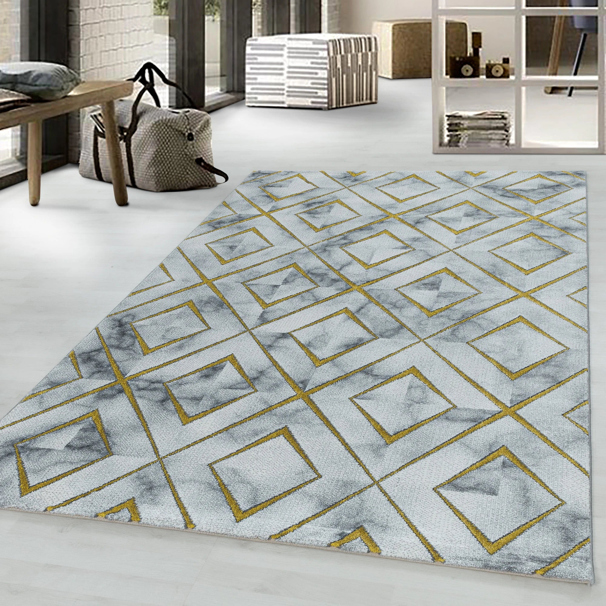 Modern Marble Effect Geometric Design Rug | Gold