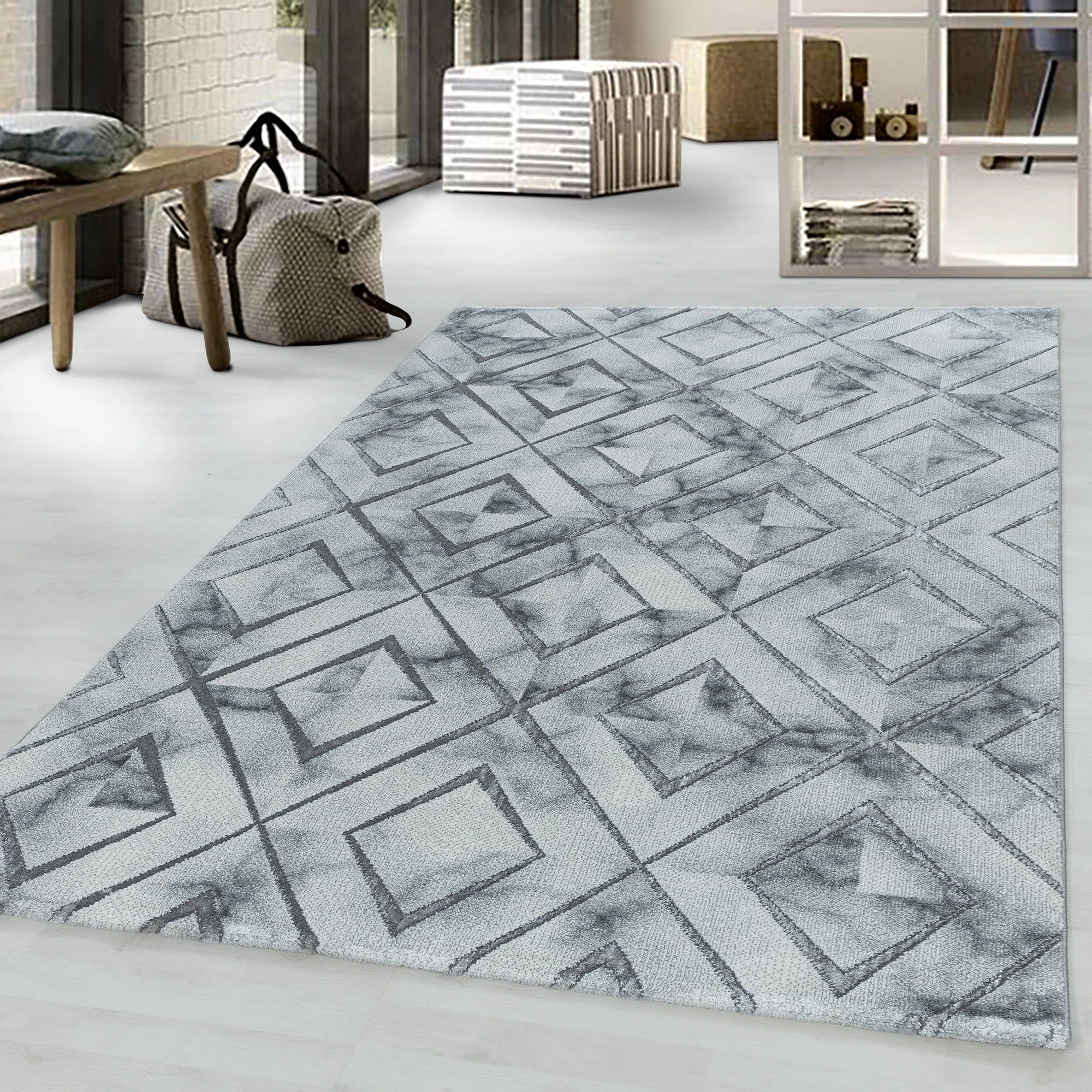 Modern Marble Effect Geometric Design Rug | Silver