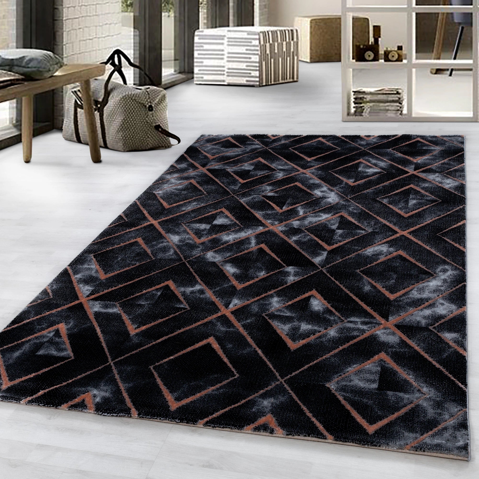 Modern Marble Look Trellis Design Area Rug | Bronze