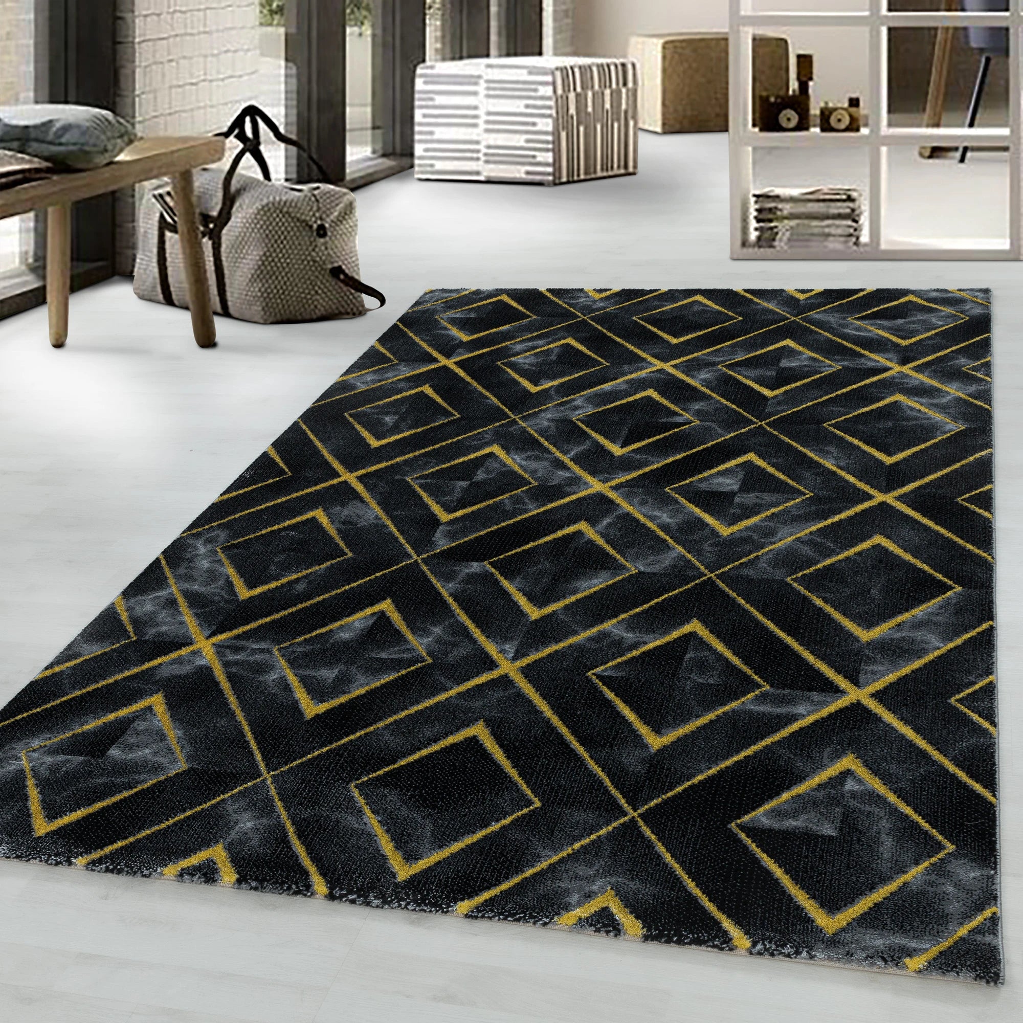Modern Marble Look Trellis Design Area Rug | Gold
