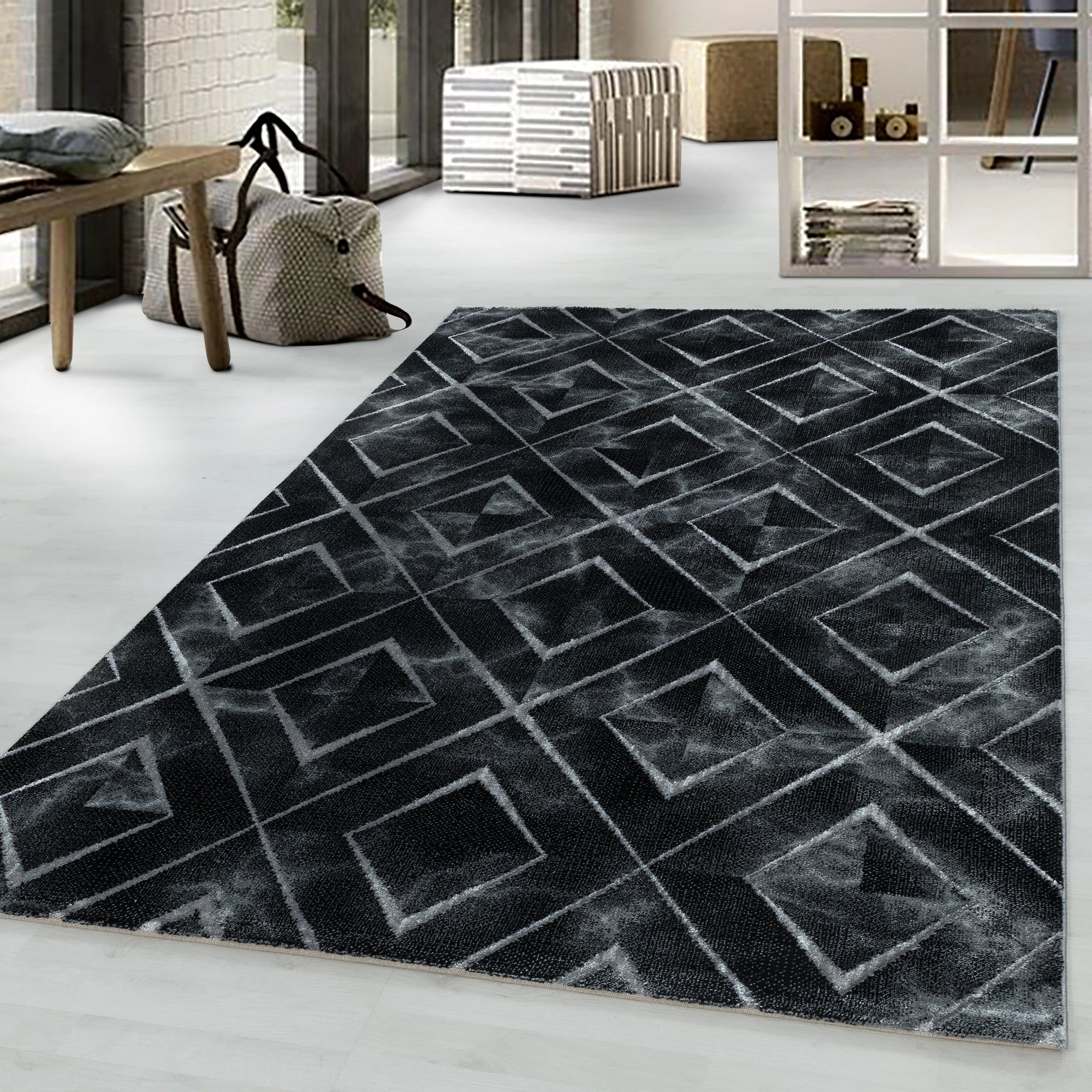 Modern Marble Look Trellis Design Area Rug | Silver
