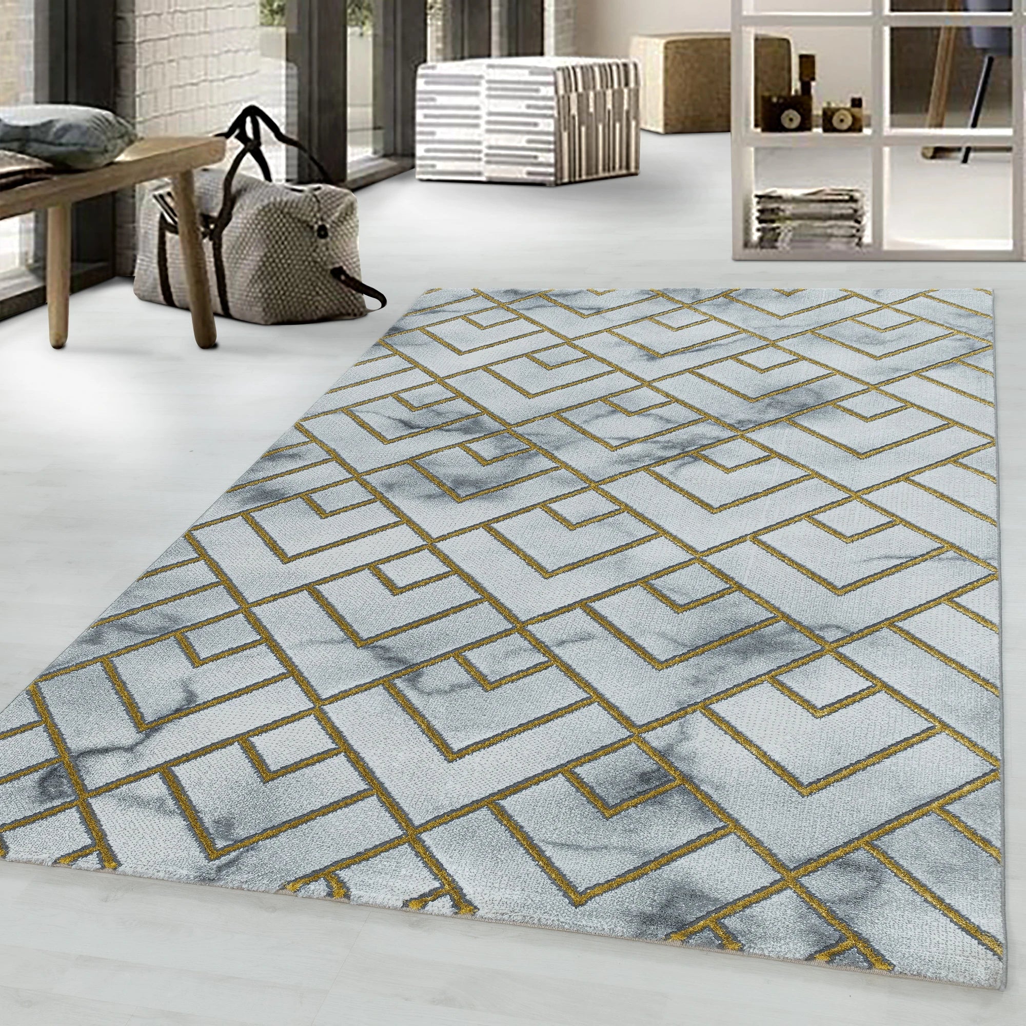 Modern Marble Look Geometric Diamond Rug | Gold