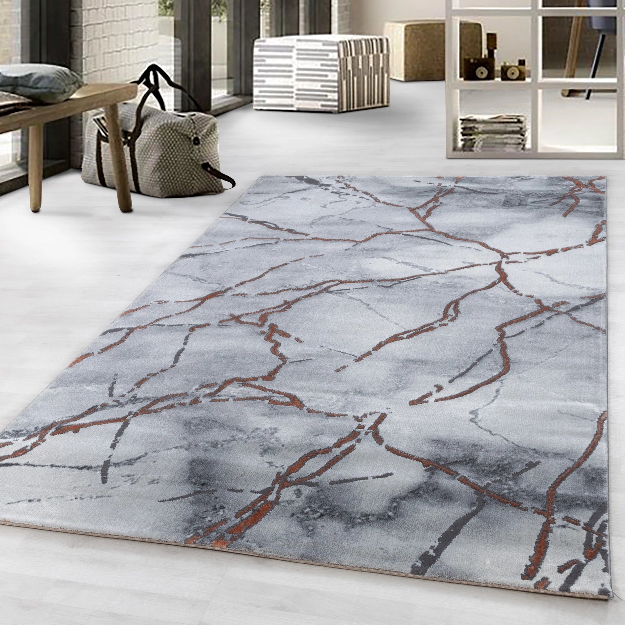 Luxury High-Gloss Marble Veins Area Rug | Bronze