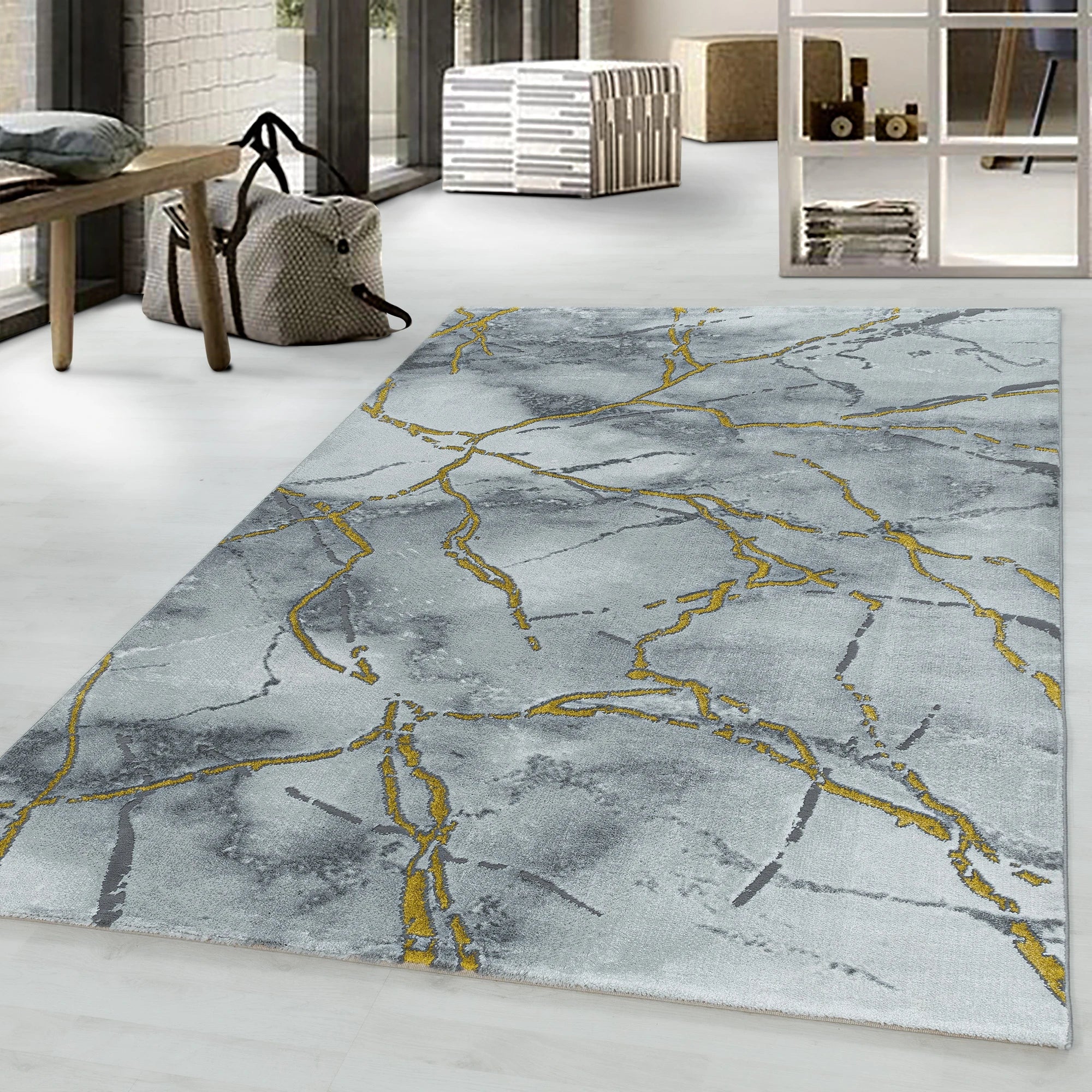 Luxury High-Gloss Marble Veins Area Rug | Gold